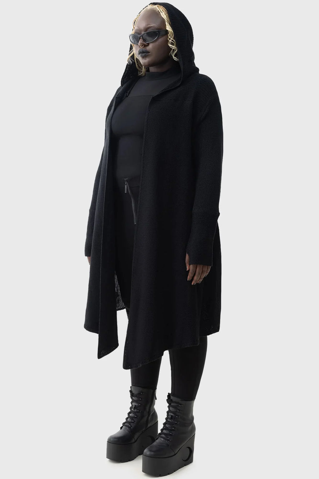 Killstar Last Quarter Hooded Cardigan – Black Knit Gothic Dip Hem Wrap