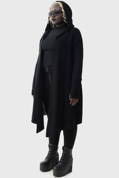 Killstar Last Quarter Hooded Cardigan – Black Knit Gothic Dip Hem Wrap