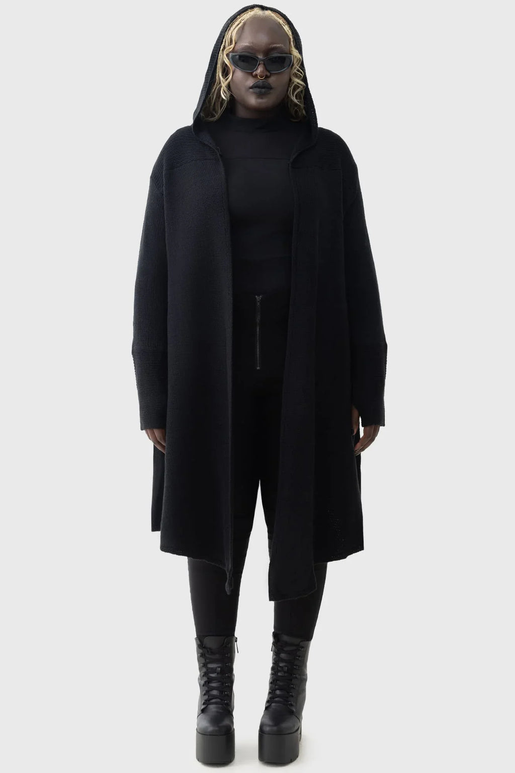 Killstar Last Quarter Hooded Cardigan – Black Knit Gothic Dip Hem Wrap