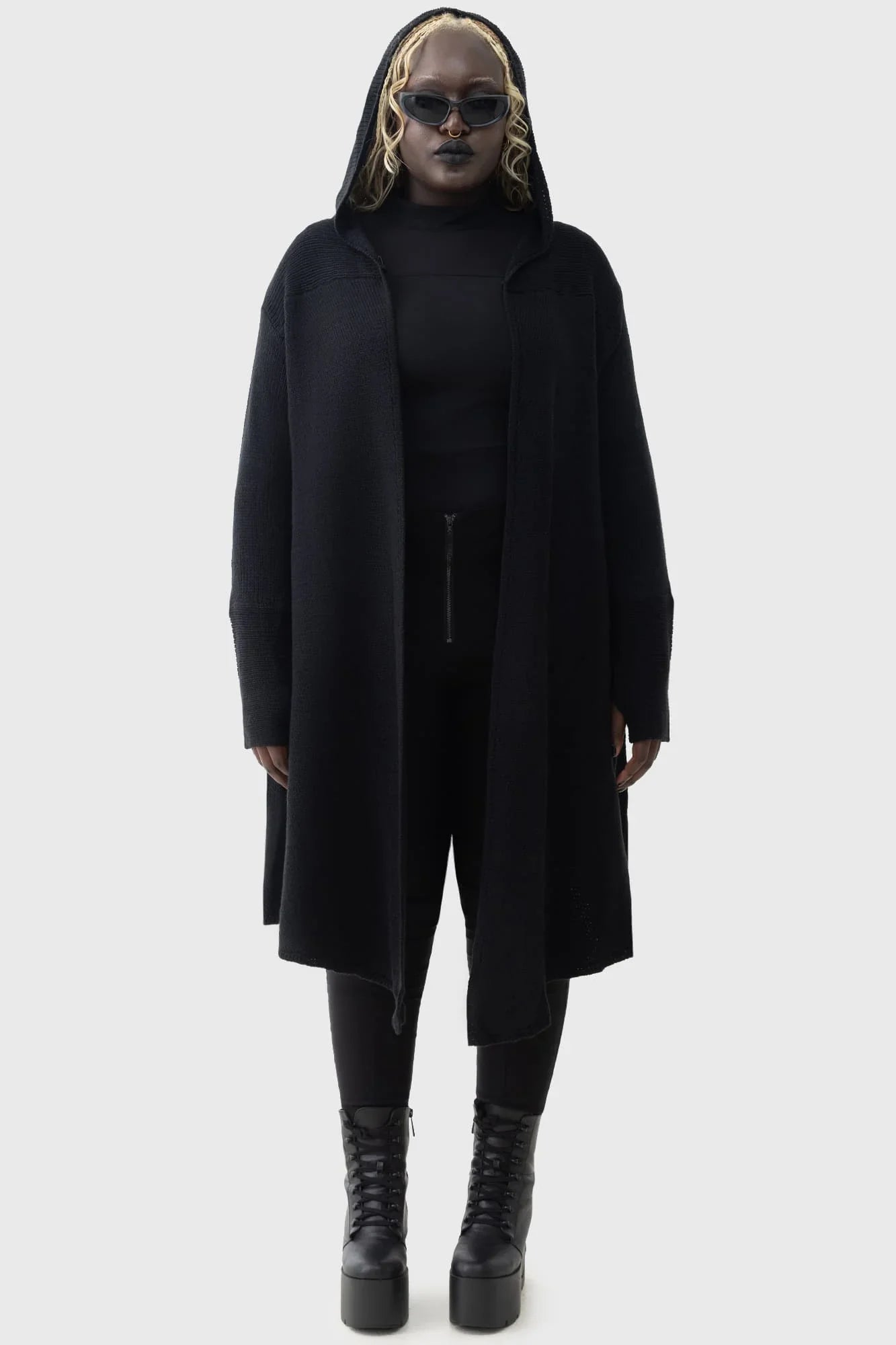 Killstar Last Quarter Hooded Cardigan – Black Knit Gothic Dip Hem Wrap