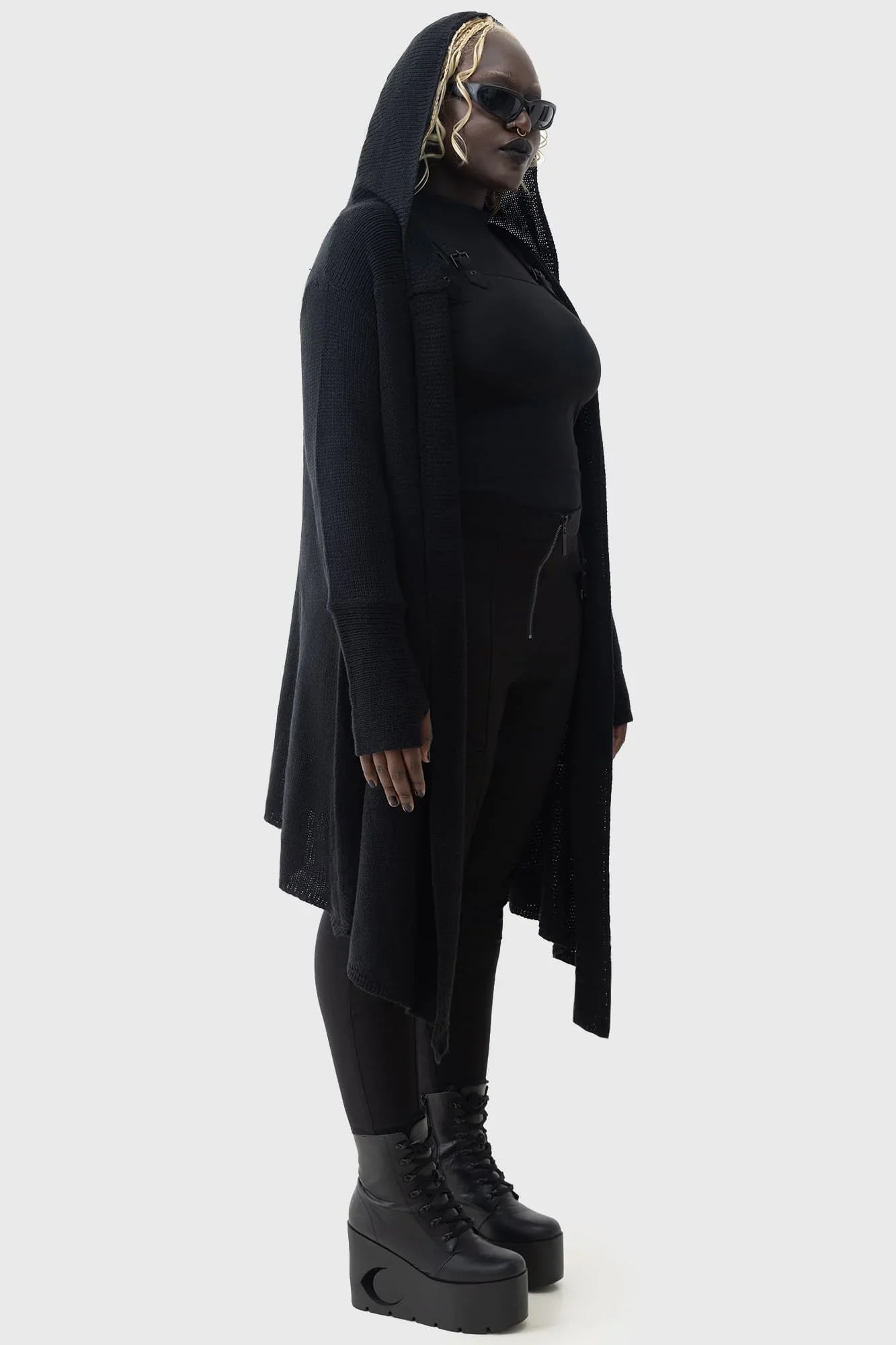 Killstar Last Quarter Hooded Cardigan – Black Knit Gothic Dip Hem Wrap