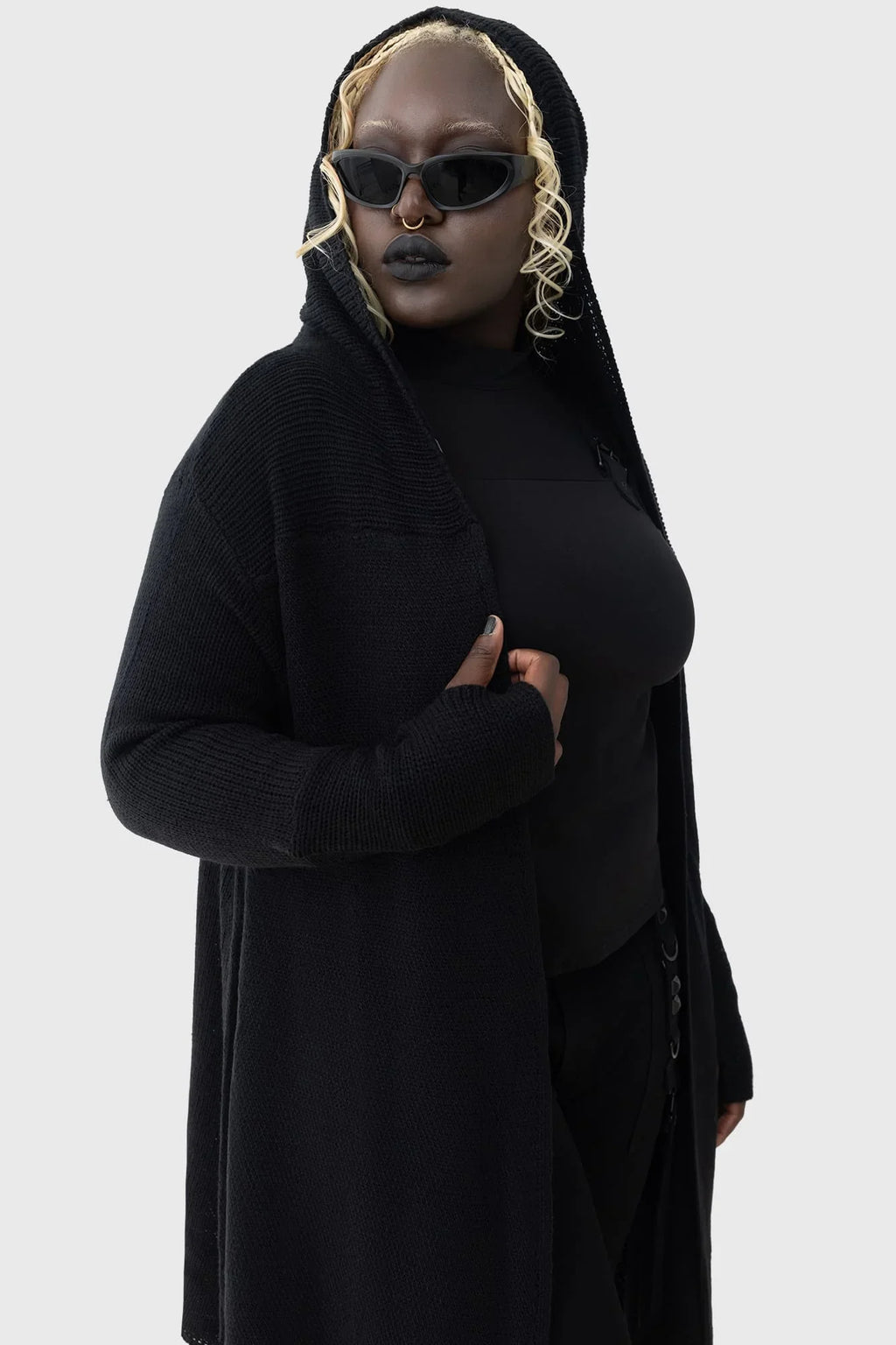 Killstar Last Quarter Hooded Cardigan – Black Knit Gothic Dip Hem Wrap