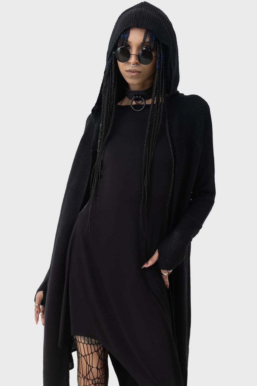 Killstar Last Quarter Hooded Cardigan – Black Knit Gothic Dip Hem Wrap