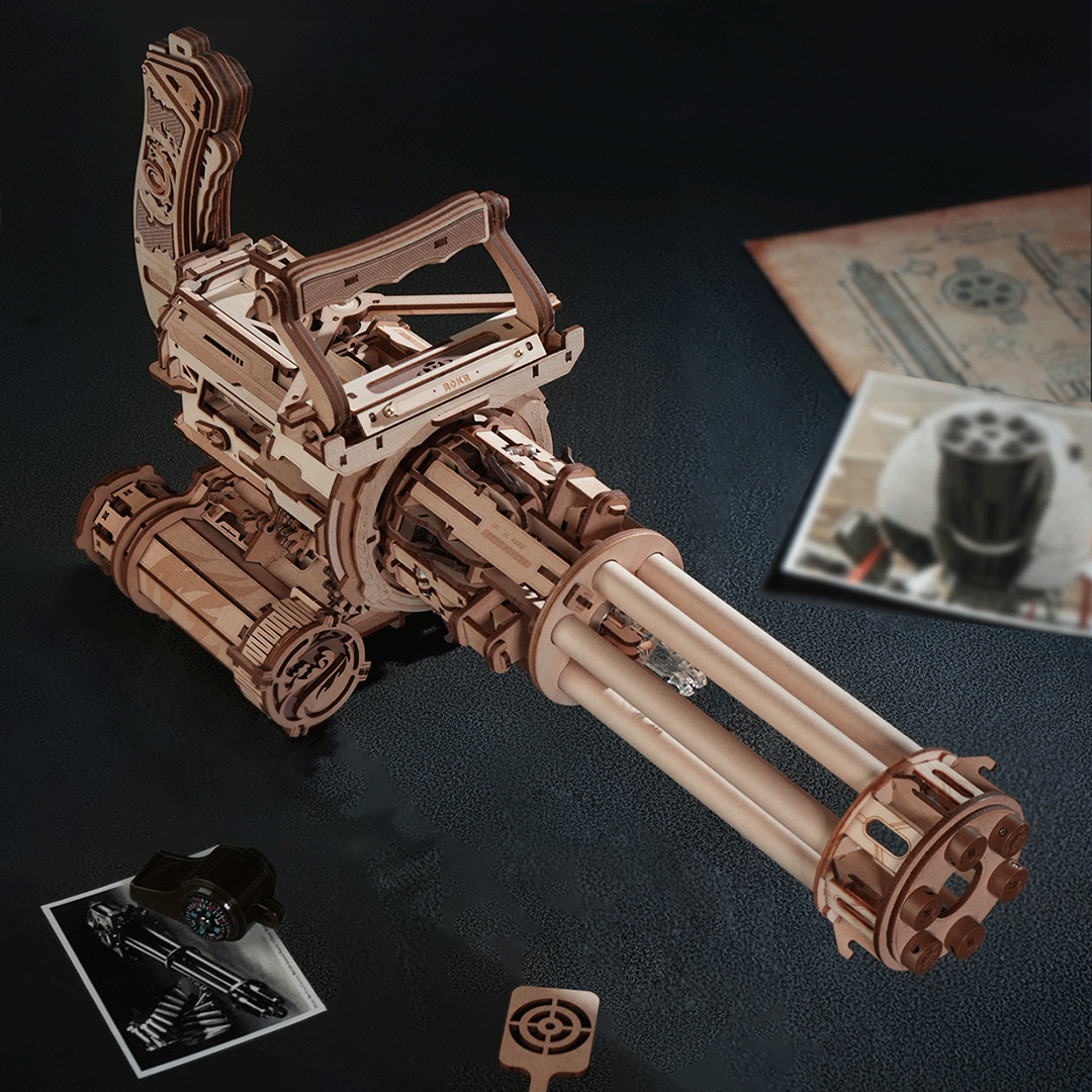 ROKR Rotating-Barrel Machine Gun 3D Wooden Puzzle - 412 Piece DIY Kit