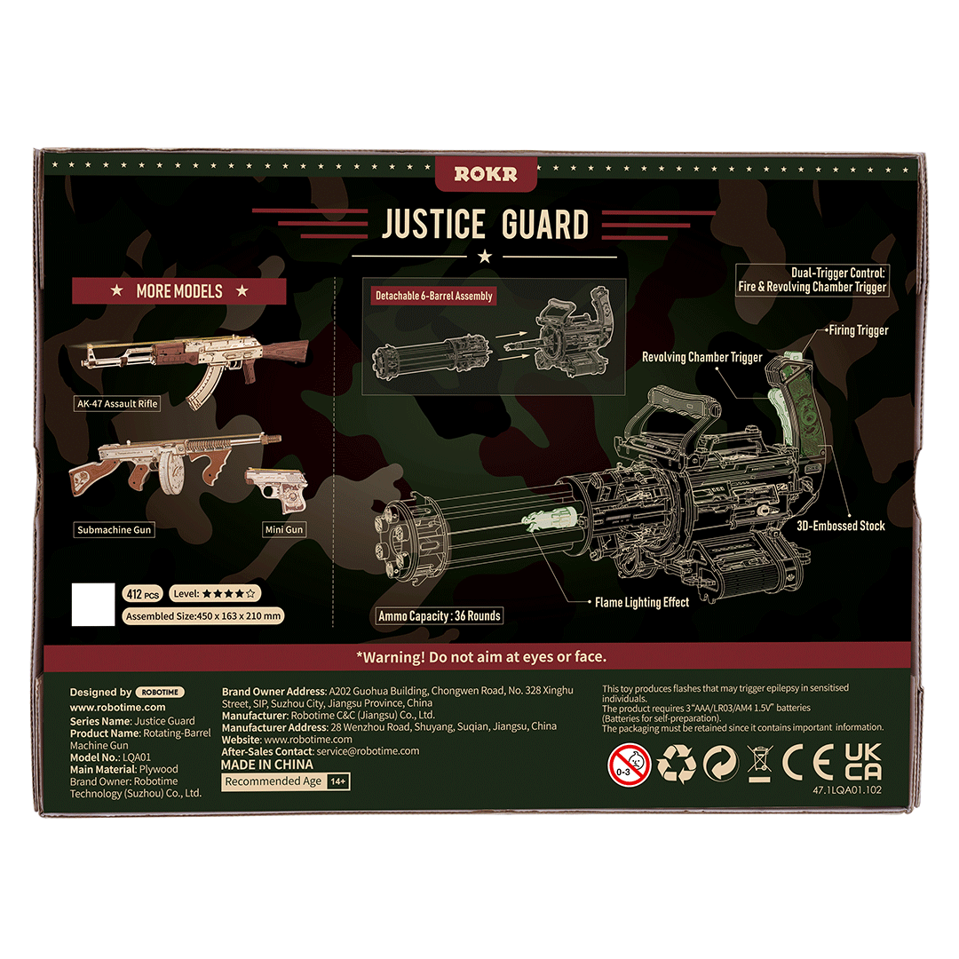 ROKR Rotating-Barrel Machine Gun 3D Wooden Puzzle - 412 Piece DIY Kit