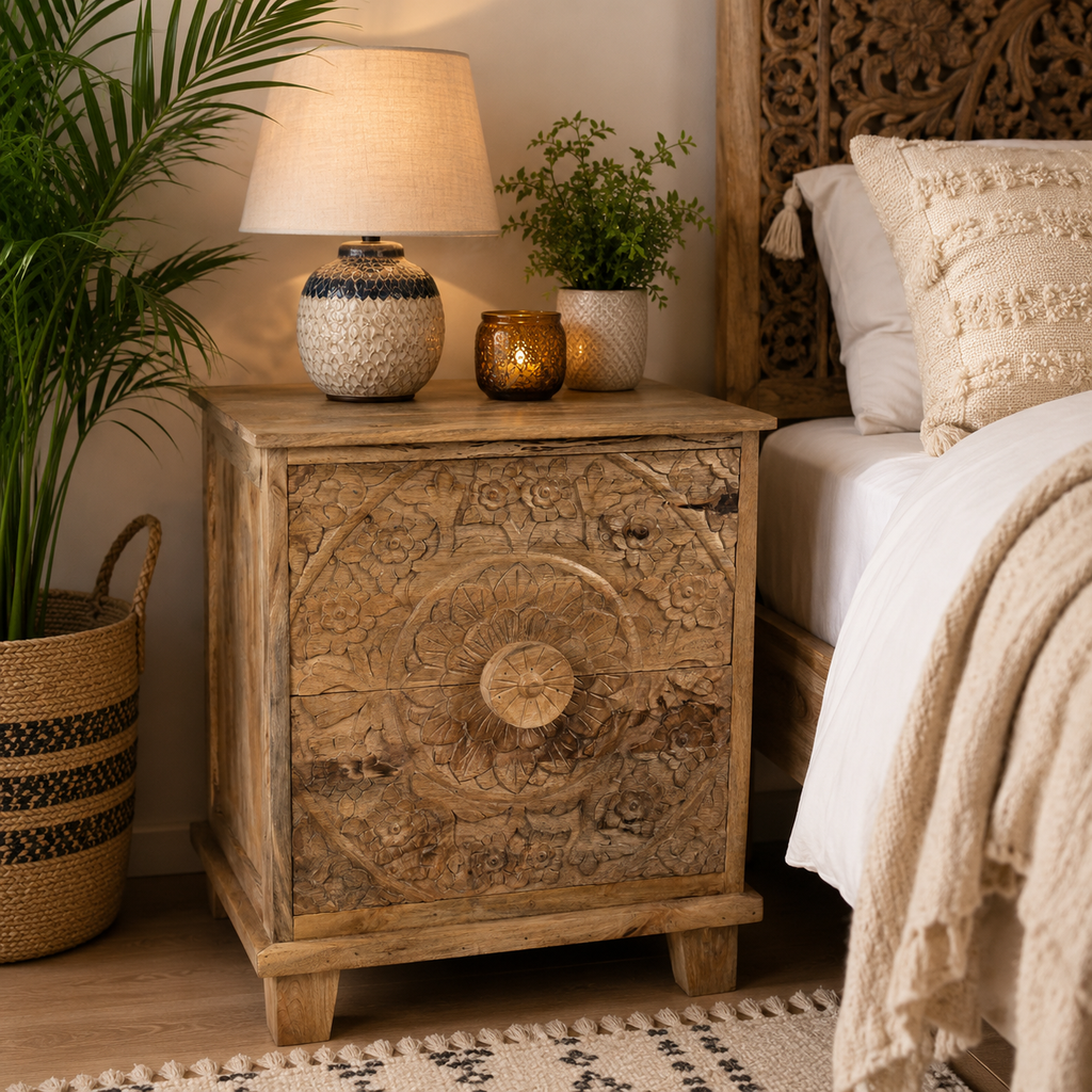 Ladha Mango Wood Carved Bedside Table Cabinet