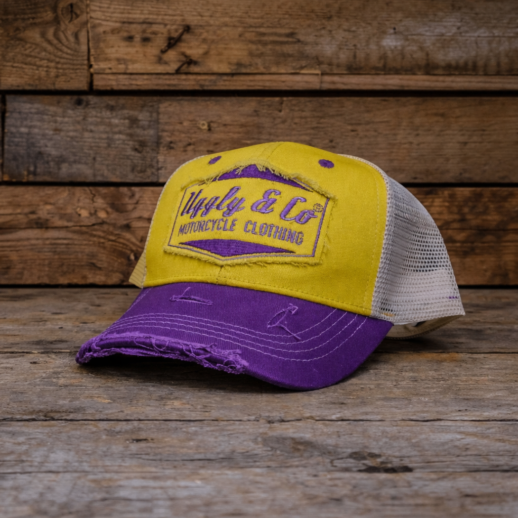 Uggly & Co Diamond Trucker Hat – Yellow & Purple Motorsport Mesh Cap