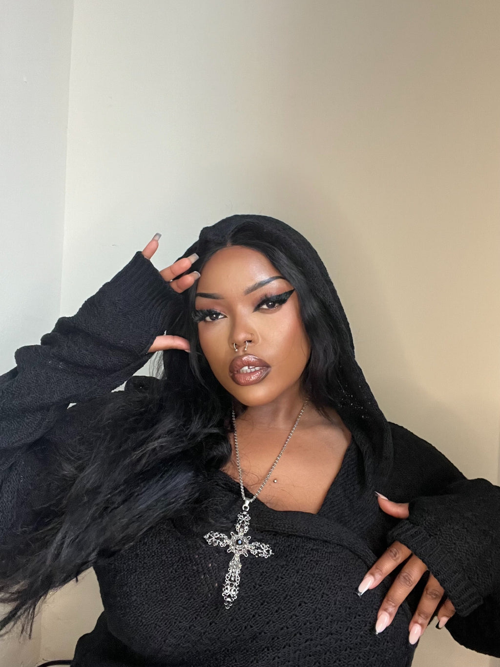 Necessary Evil Athena Long Gothic Hooded Cardigan – Black Knit Draped Top