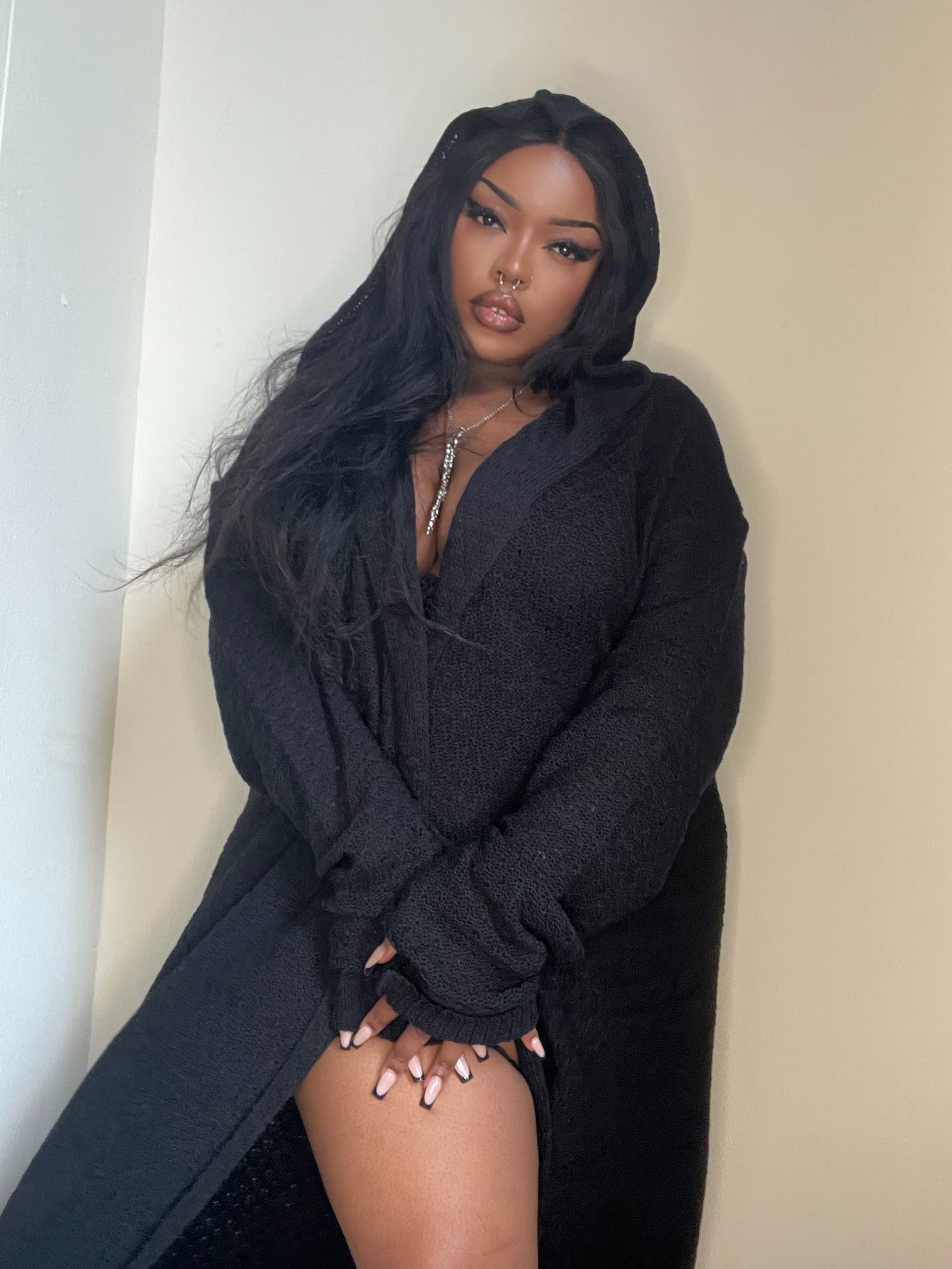 Necessary Evil Athena Long Gothic Hooded Cardigan – Black Knit Draped Top