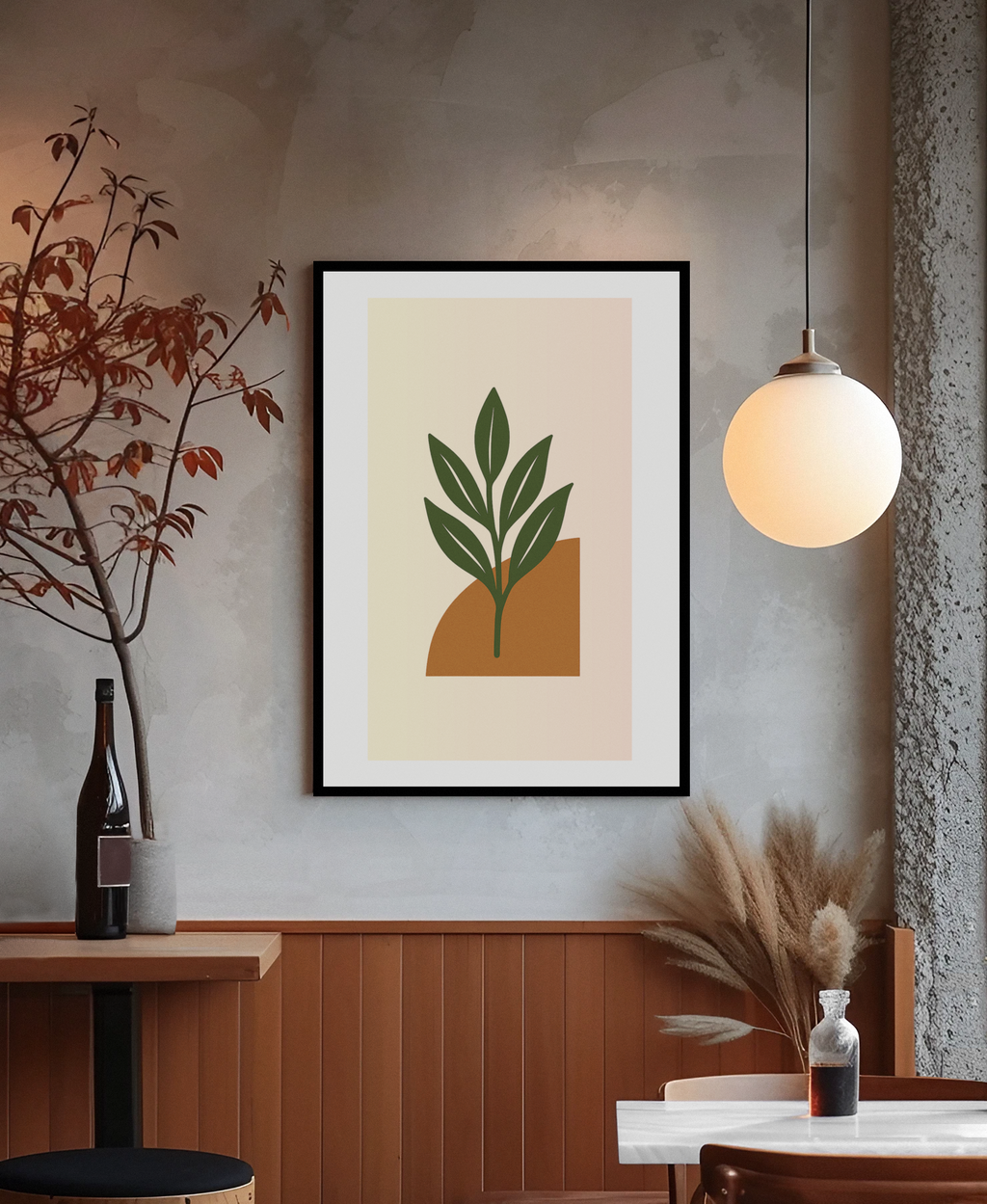 Green Leaf Botanical Wall Art – Minimal Plant Print with Terracotta Accent, Boho Decor