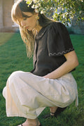 Frances Linen Cropped Blouse with Embroidered Trims  - Chocolate