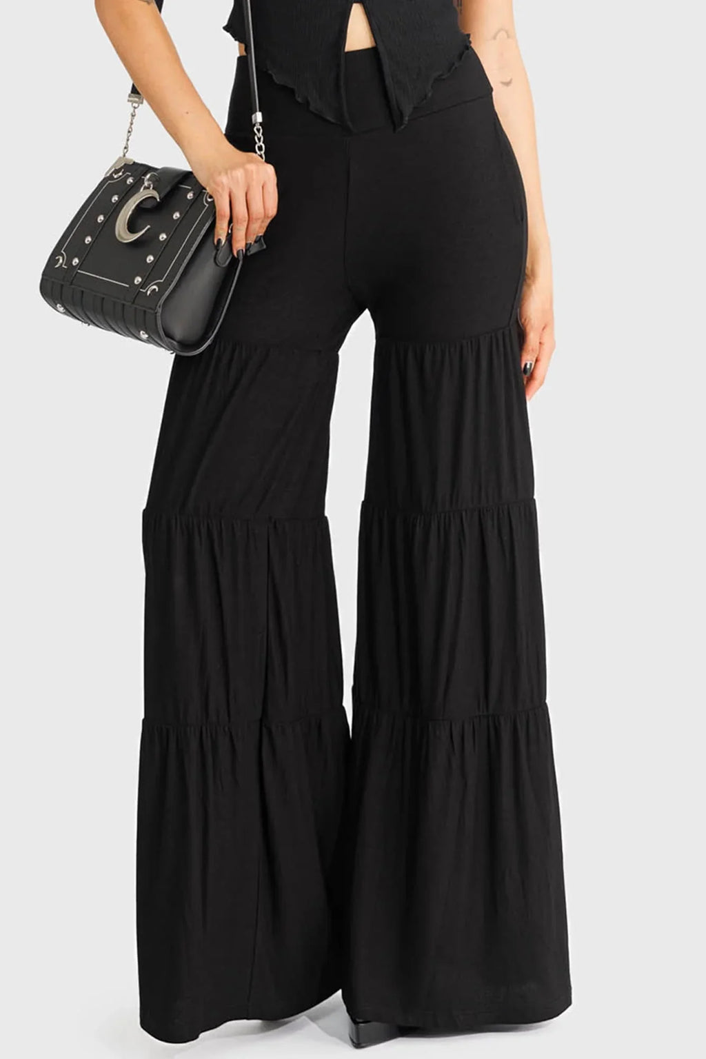 Killstar Maleficum Gothic Trousers – Tiered Wide-Leg Soft Stretch Pants