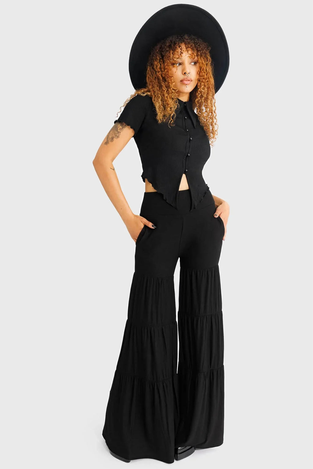Killstar Maleficum Gothic Trousers – Tiered Wide-Leg Soft Stretch Pants