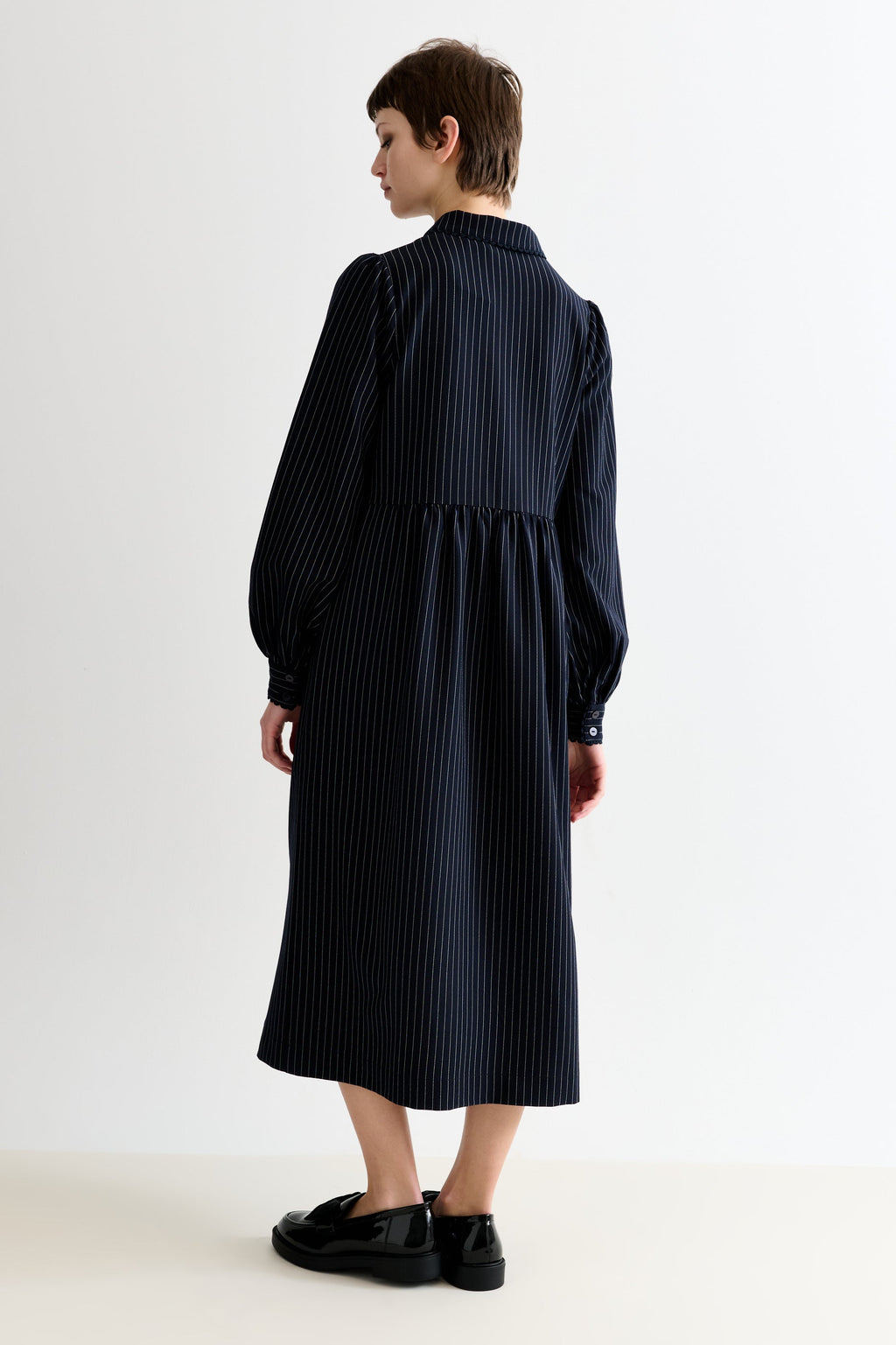 Manton Pinstripe Zip Front Lace Trim Midi Dress - Navy