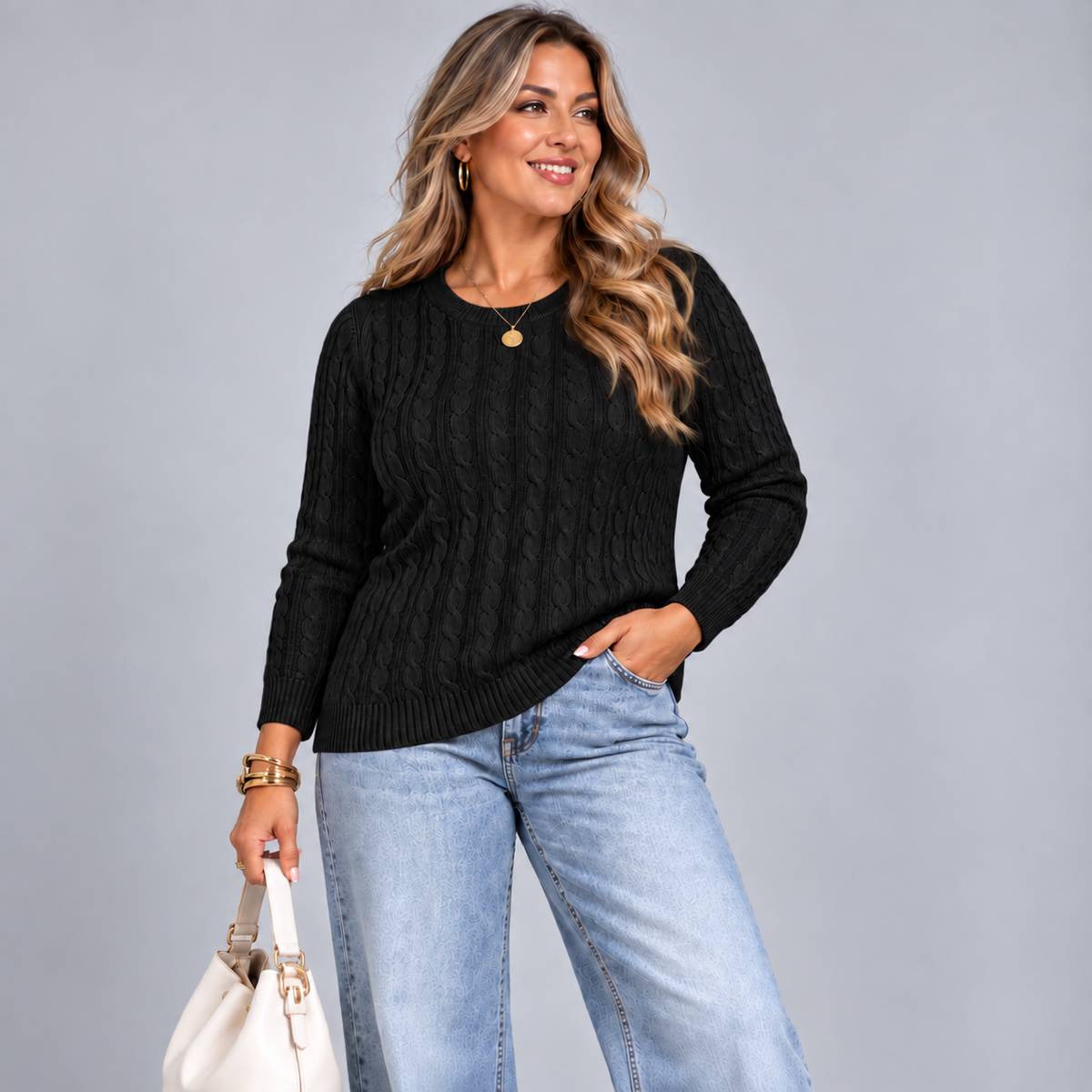 Cable Knit Long Sleeve Round Neck Jumper