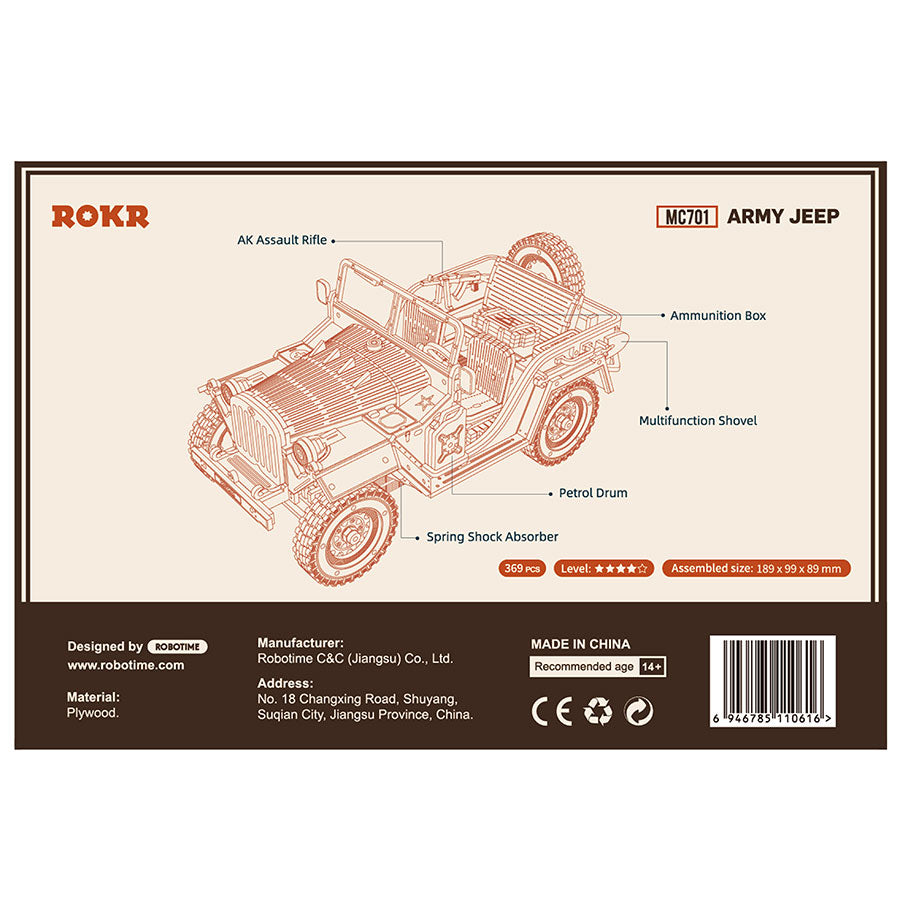 ROKR Army Jeep 3D Wooden Puzzle – 1:18 Scale DIY Model Car Kit