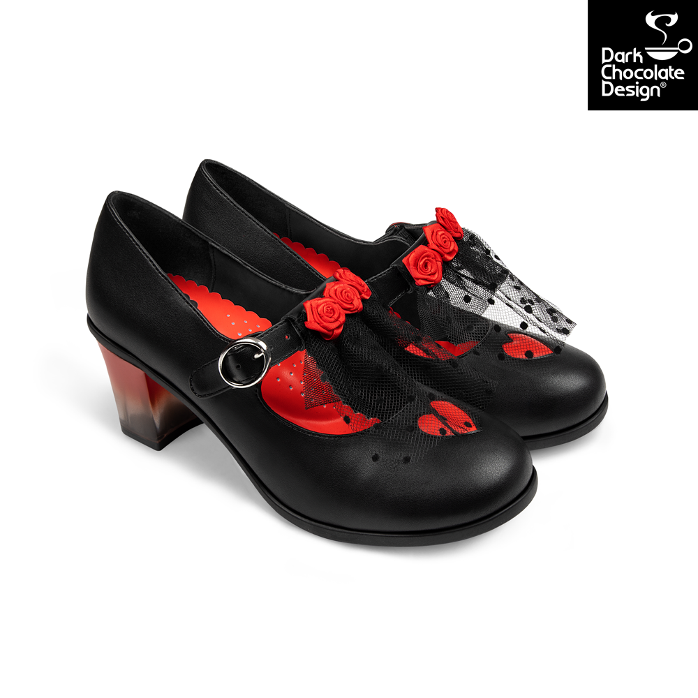 Chocolaticas Melancholy Gothic Rose & Lace Black Vegan Mid Heels