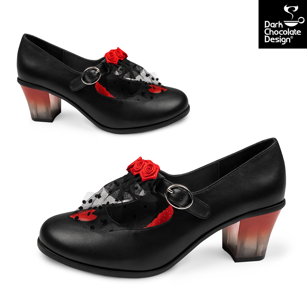 Chocolaticas Melancholy Gothic Rose & Lace Black Vegan Mid Heels