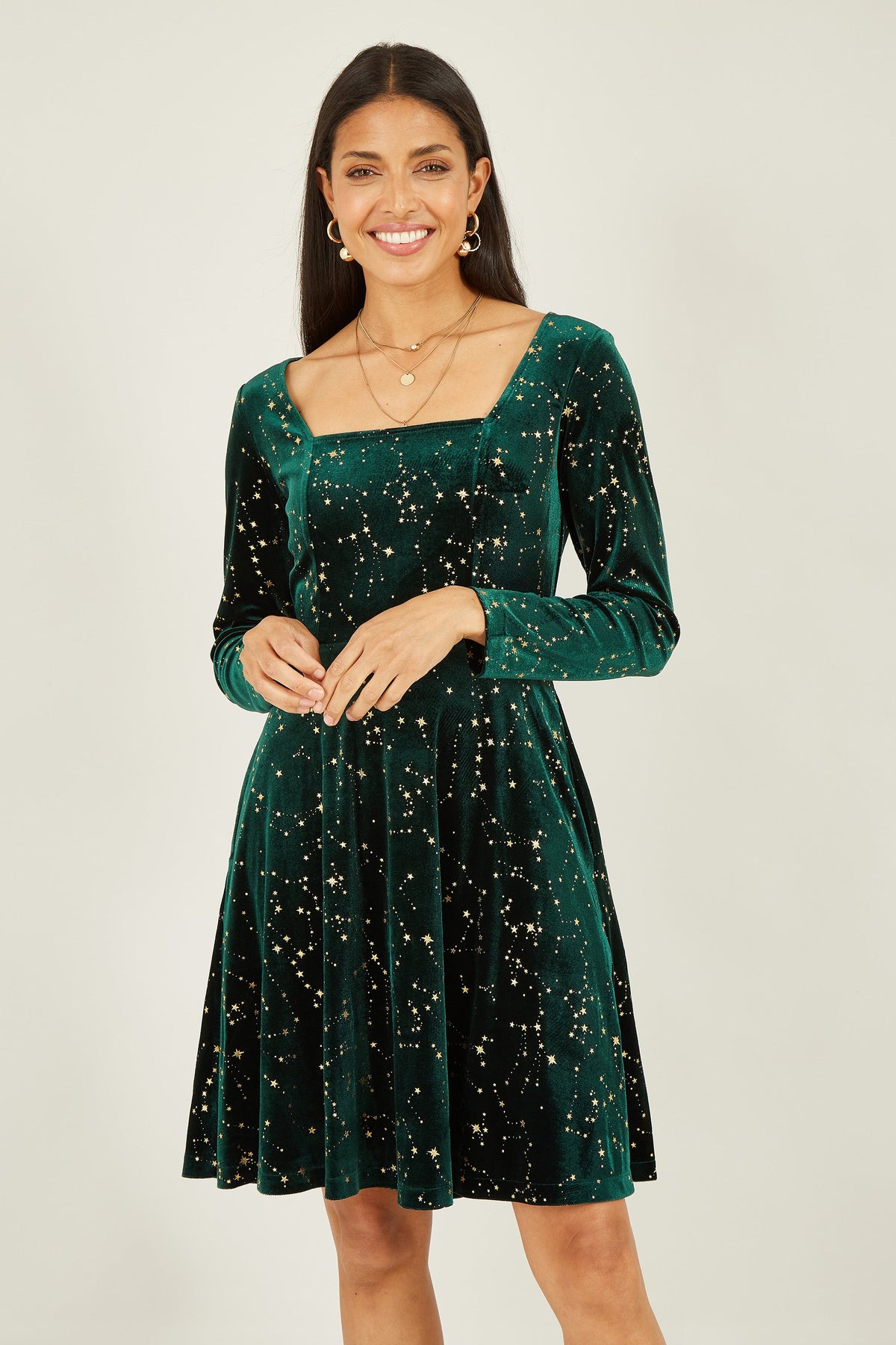 Yumi Green Star Foil Print Long Sleeve Skater Dress