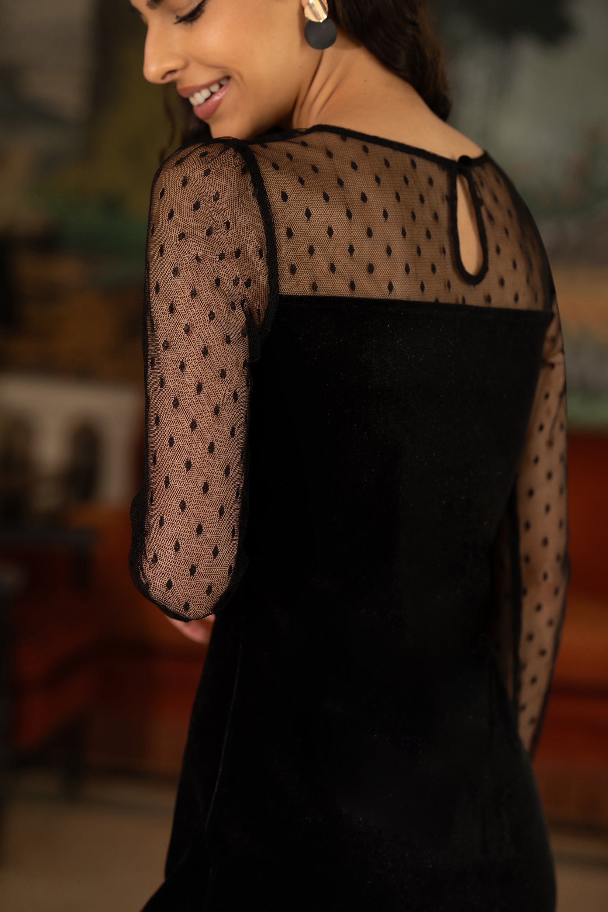 Yumi Black Velvet Dress With Sheer Long Sleeves