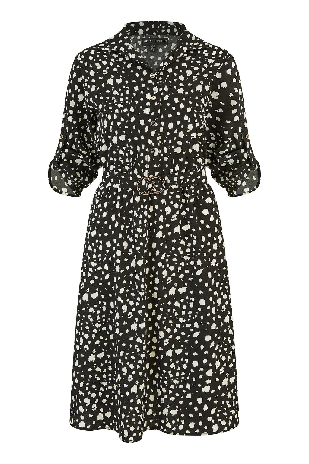 Mela Black Dash Print Skater Dress With Buckle