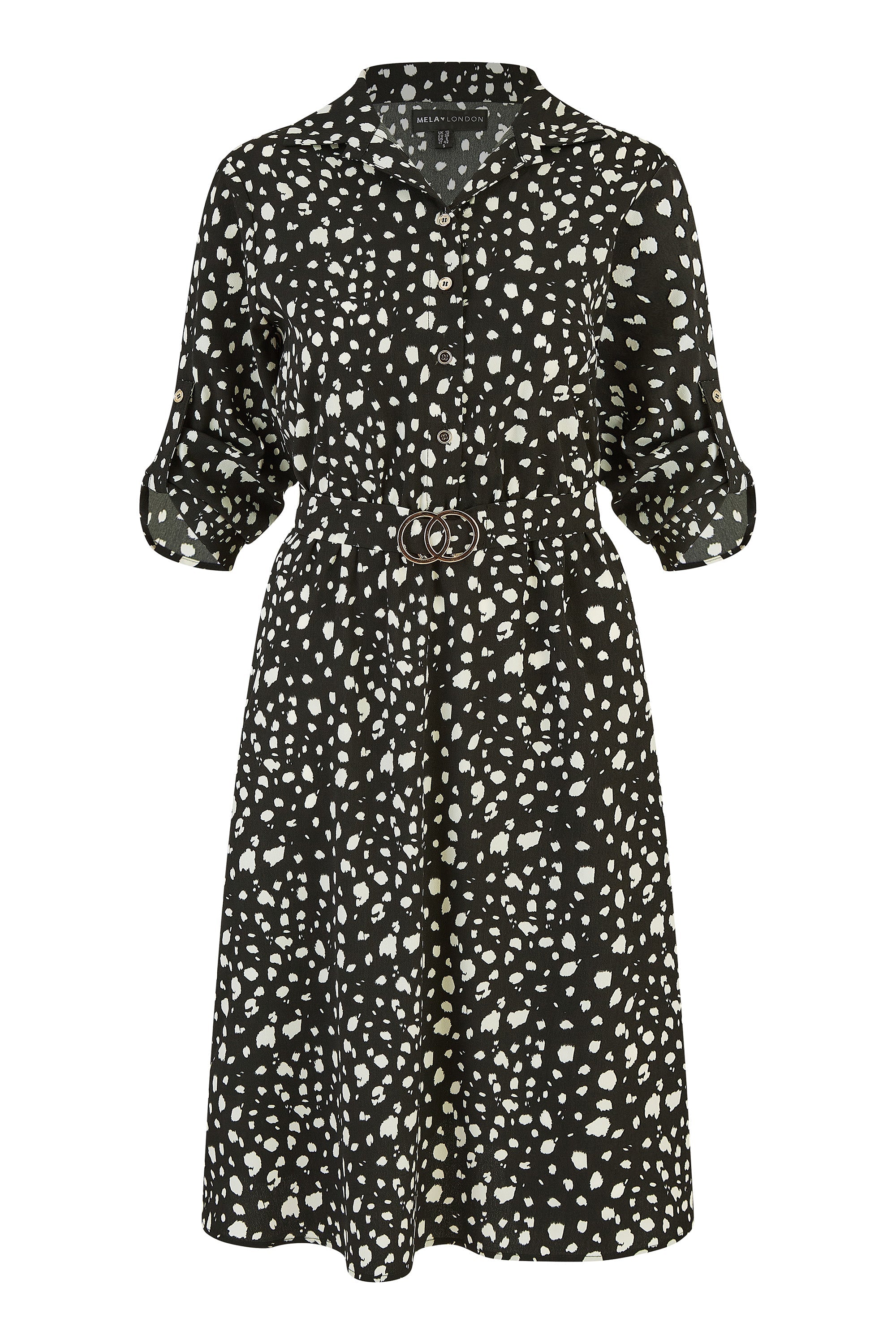 Mela Black Dash Print Skater Dress With Buckle