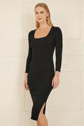 Yumi Black Fitted Knit Midi Dress With Side Split