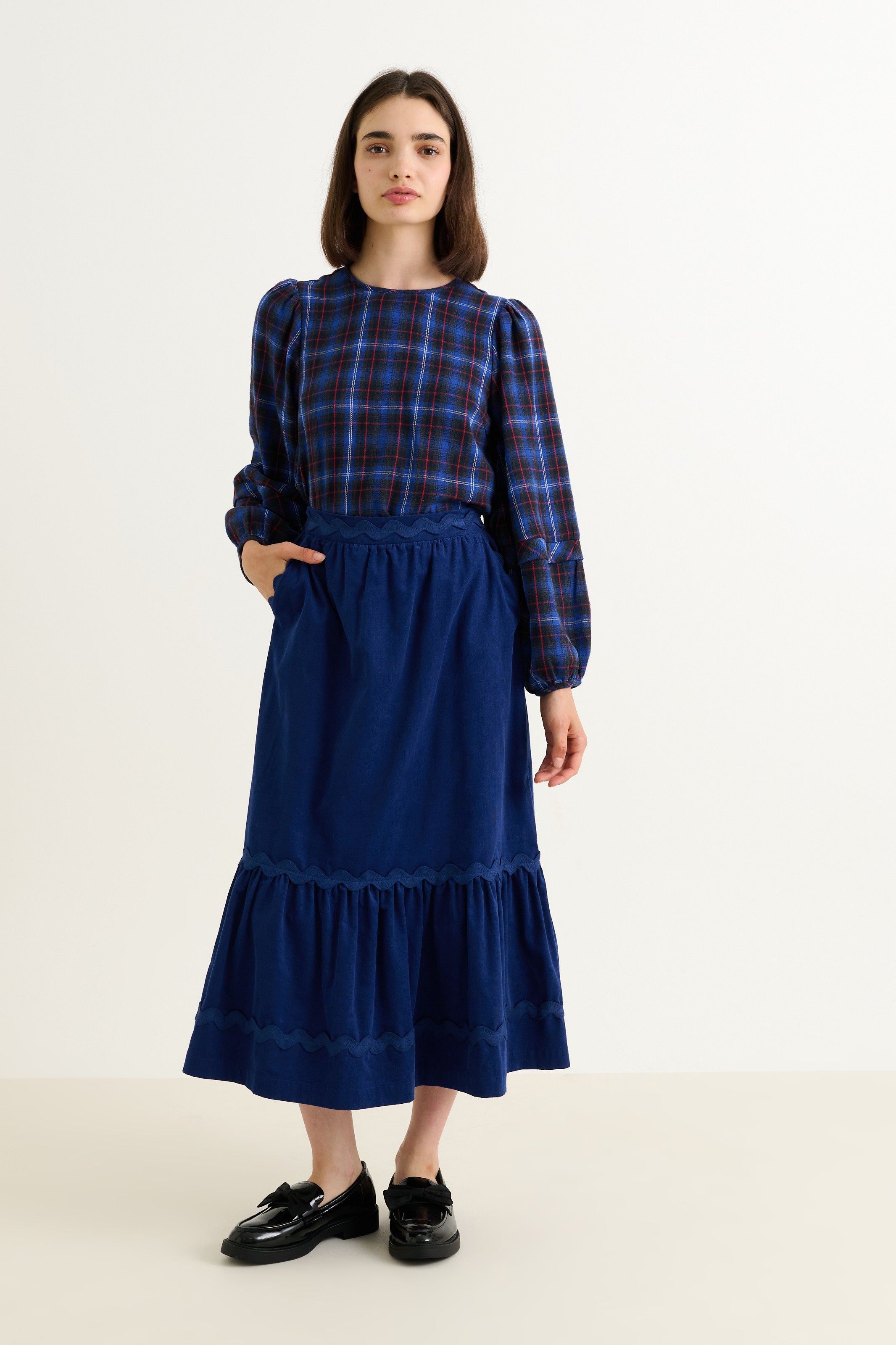 Montana Babycord Ric Rac Trim Tiered Midi Skirt - Navy