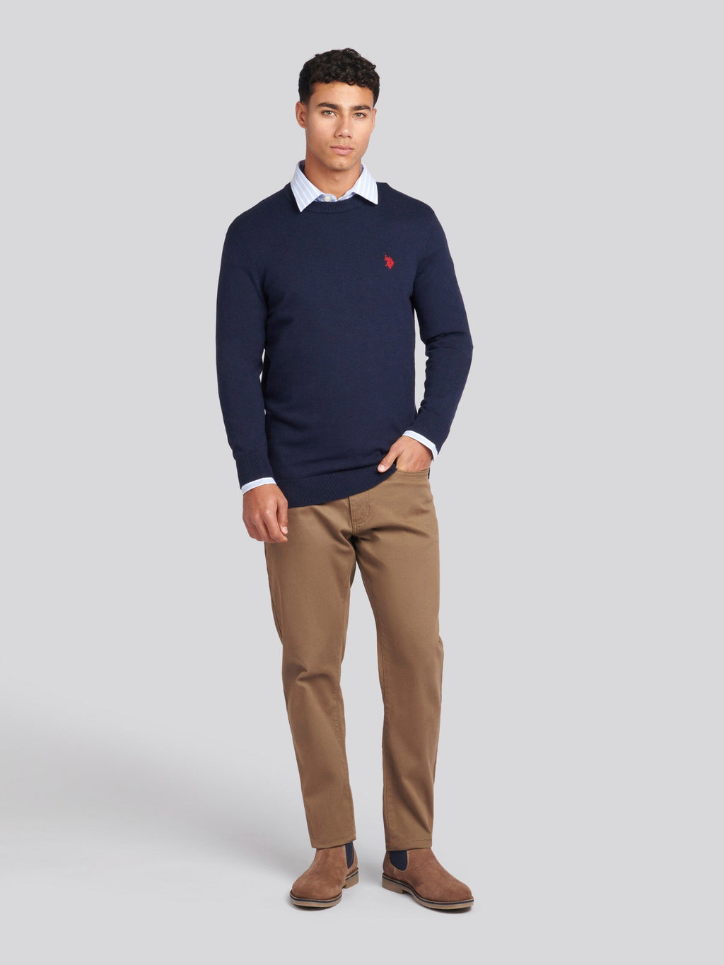 Mens Cotton Crewneck in Dark Sapphire Navy / Haute Red DHM