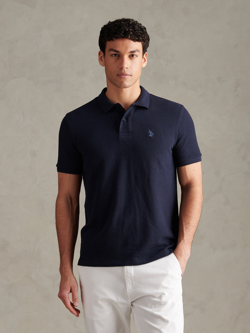 Mens Texture Terry Polo Shirt Dark Sapphire Navy / Moonlight Blue DHM