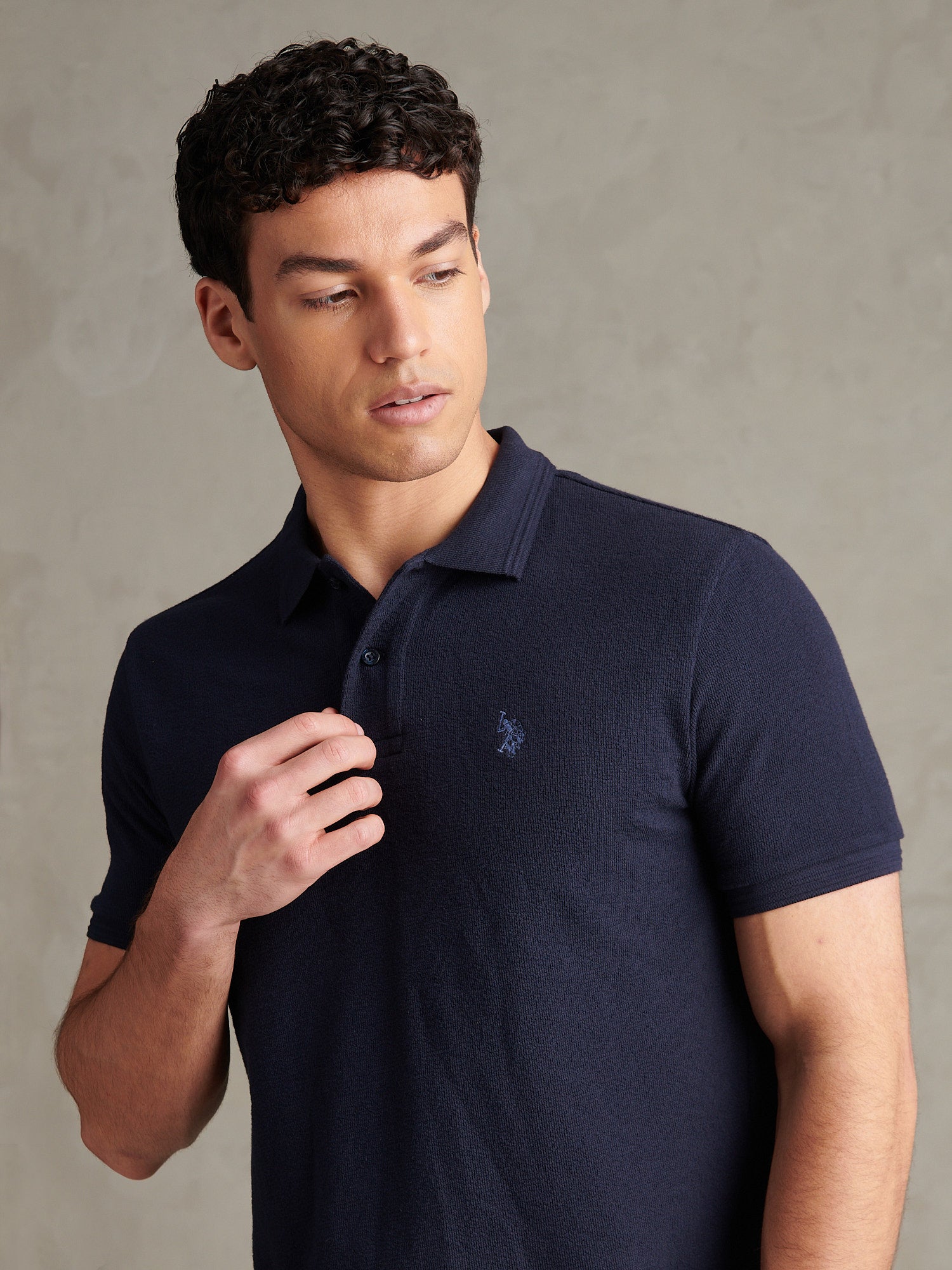 Mens Texture Terry Polo Shirt Dark Sapphire Navy / Moonlight Blue DHM