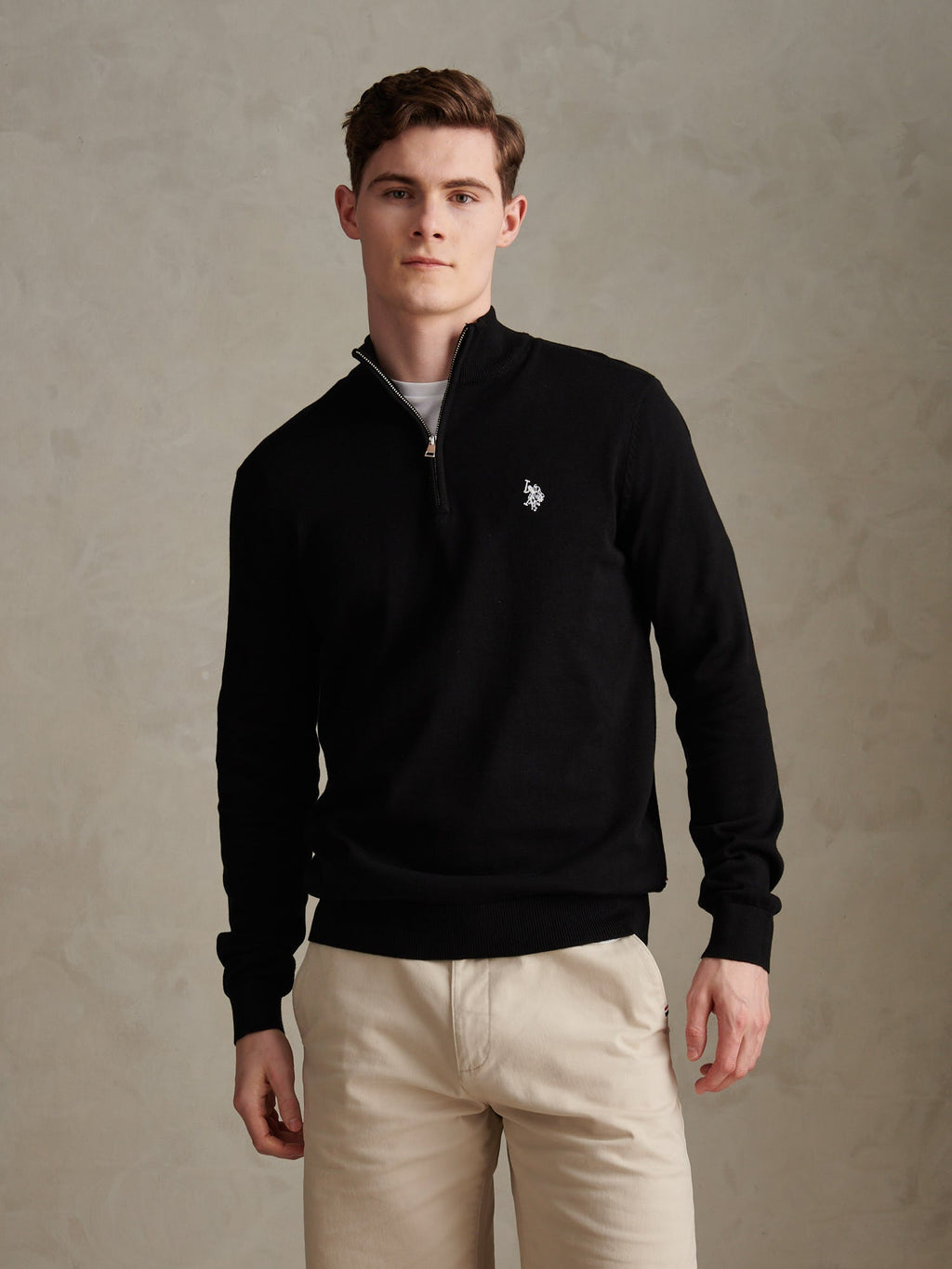 Mens Cotton Quarter Zip Funnel Jumper Black Bright White DHM