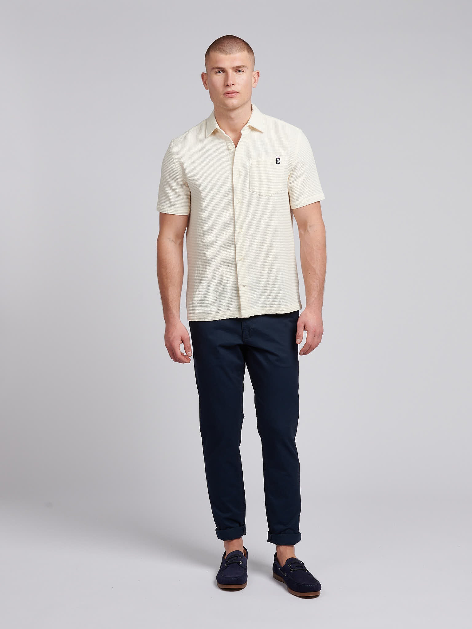 Mens  Textured Waffle Short Sleeve Shirt in Bright White