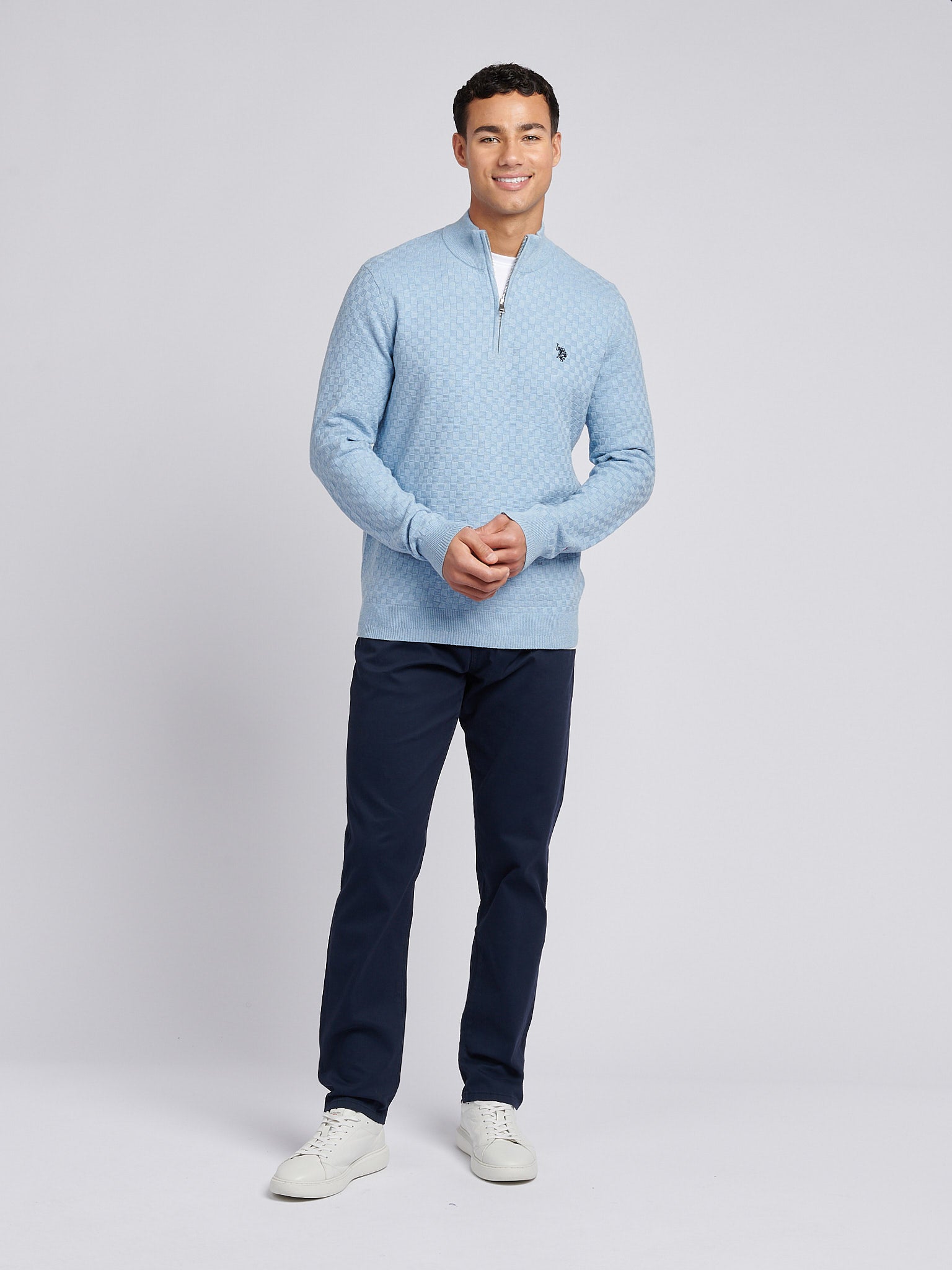 Mens Checkerboard Funnel Neck 1/4 Zip Knit in Parisian Blue Marl