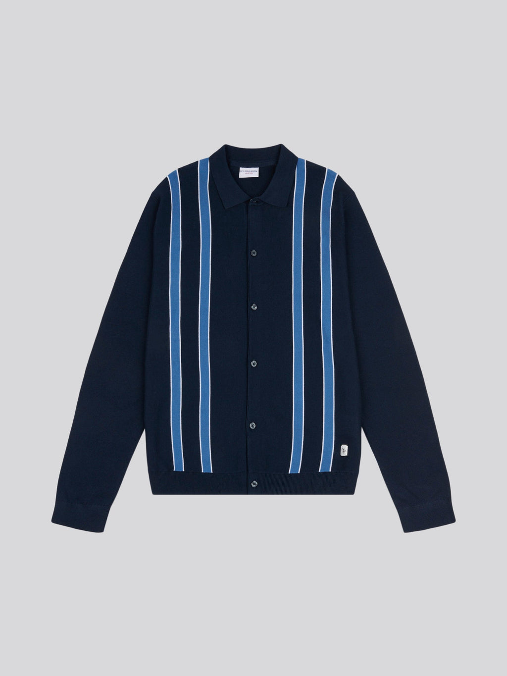 Mens Vertical Stripe Knit Cardigan in Dark Sapphire Navy