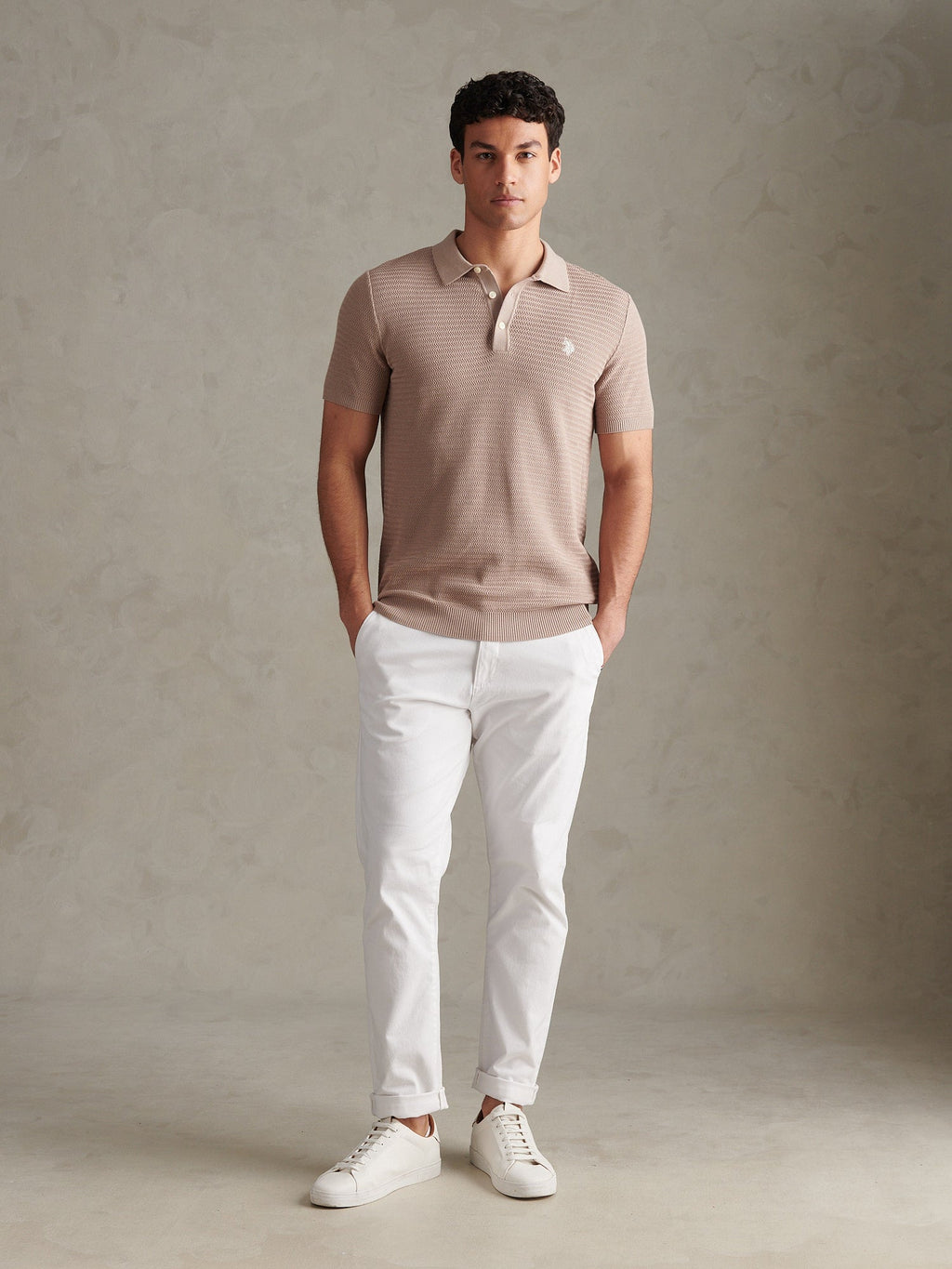 Mens Herringbone Texture Knit Polo Shirt Atmosphere