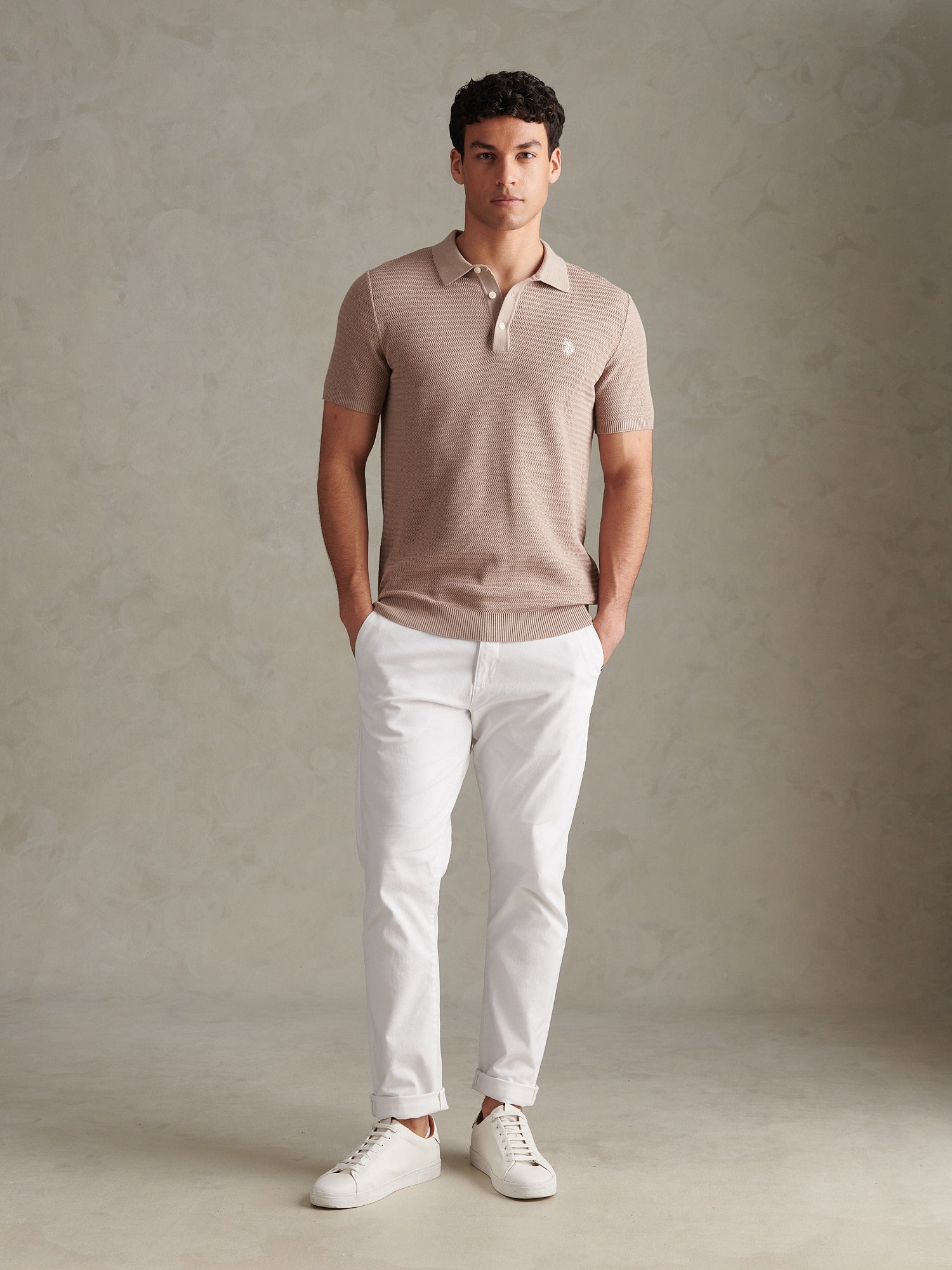 Mens Herringbone Texture Knit Polo Shirt Atmosphere