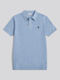 Mens Herringbone Texture Knit Polo Shirt Parisian Blue Marl