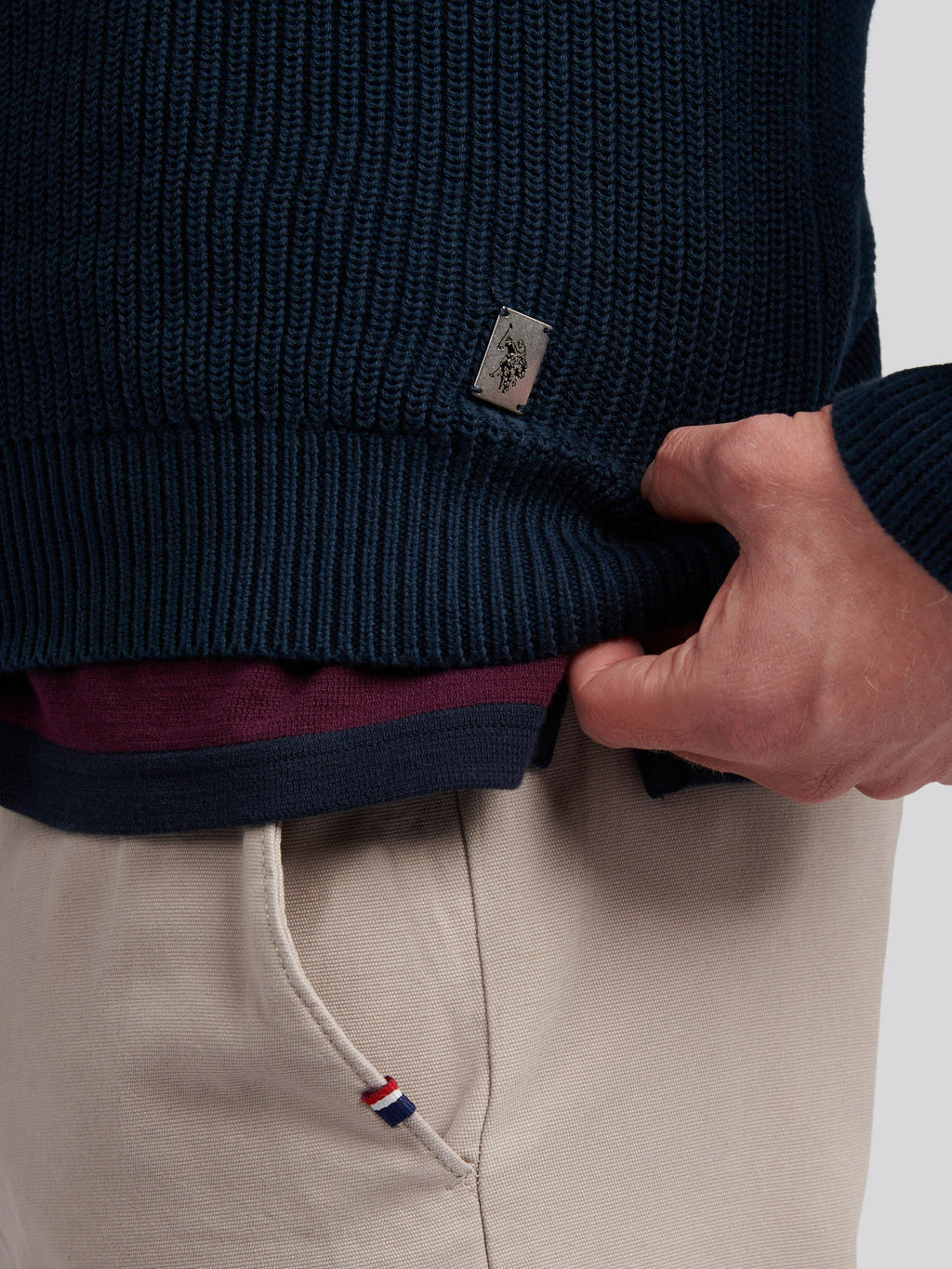 Mens Half Cardigan Stitch Knit Funnel in Dark Sapphire Navy