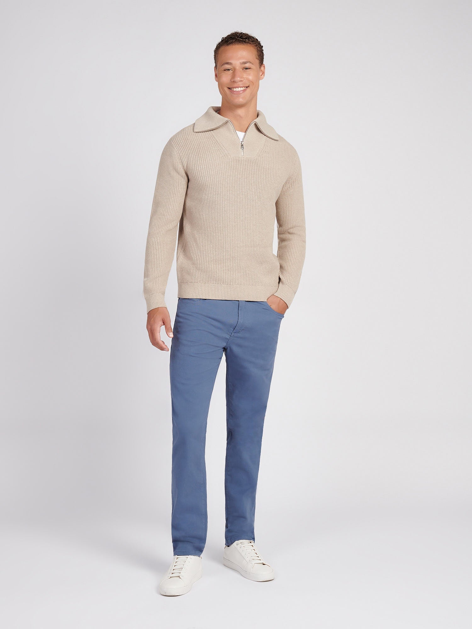Mens Half Cardigan Stitch Knit Funnel in Atmosphere Marl