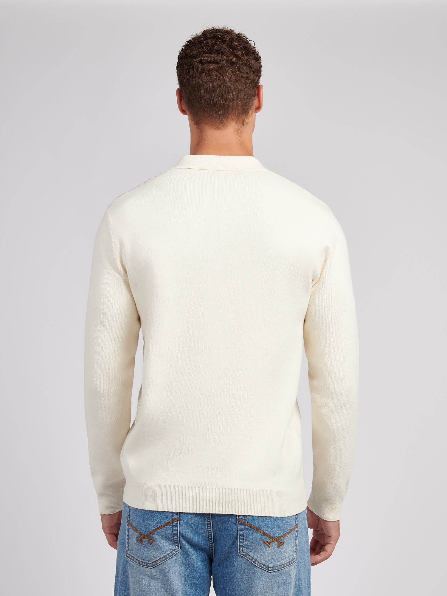 Mens Vertical Stripe Knit Long Sleeve Polo Shirt in Whisper White