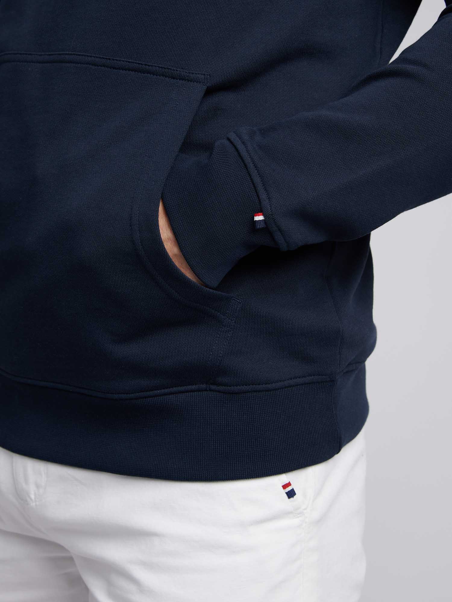 Mens Player 3 Loopback Hoodie in Dark Sapphire Navy / Haute Red DHM