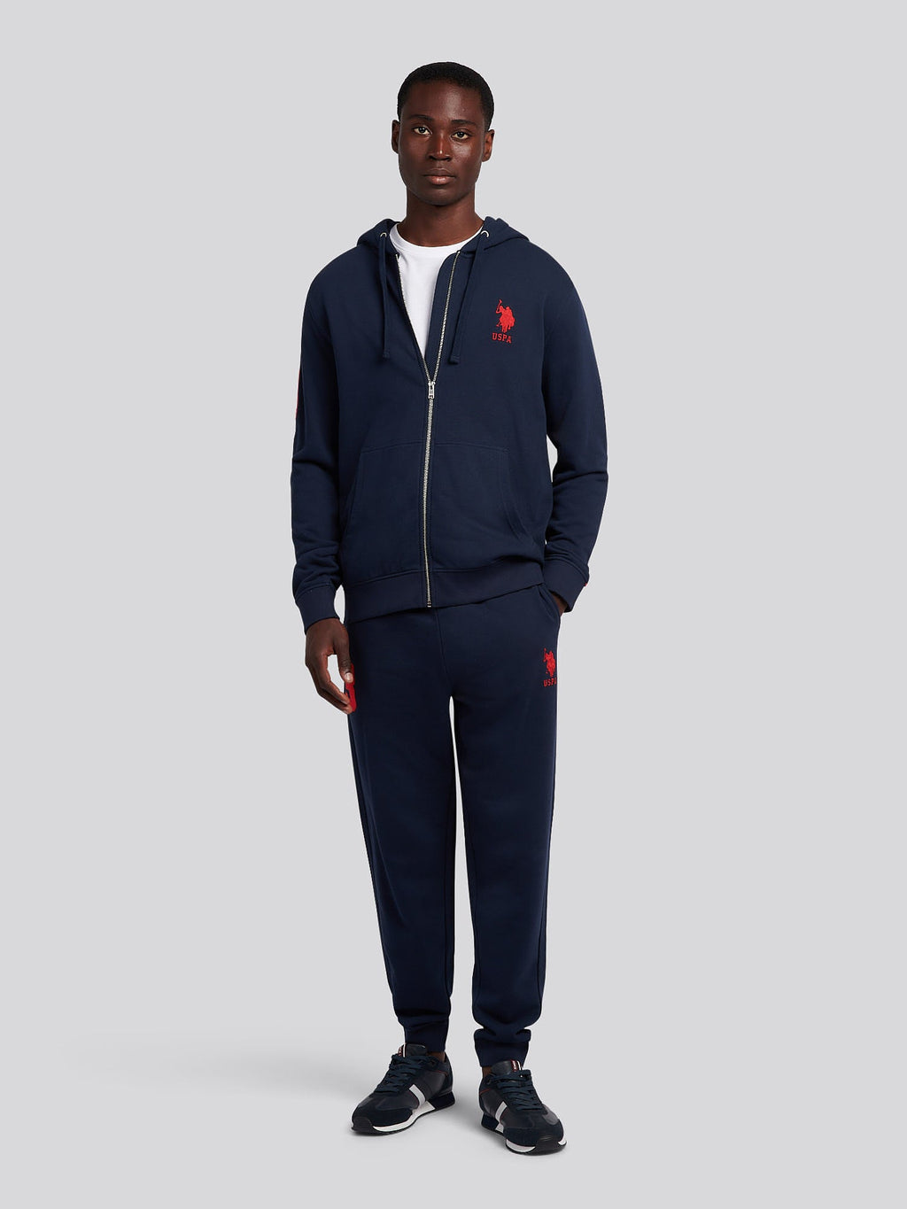Mens Player 3 Zip Hoodie in Dark Sapphire Navy / Haute Red DHM