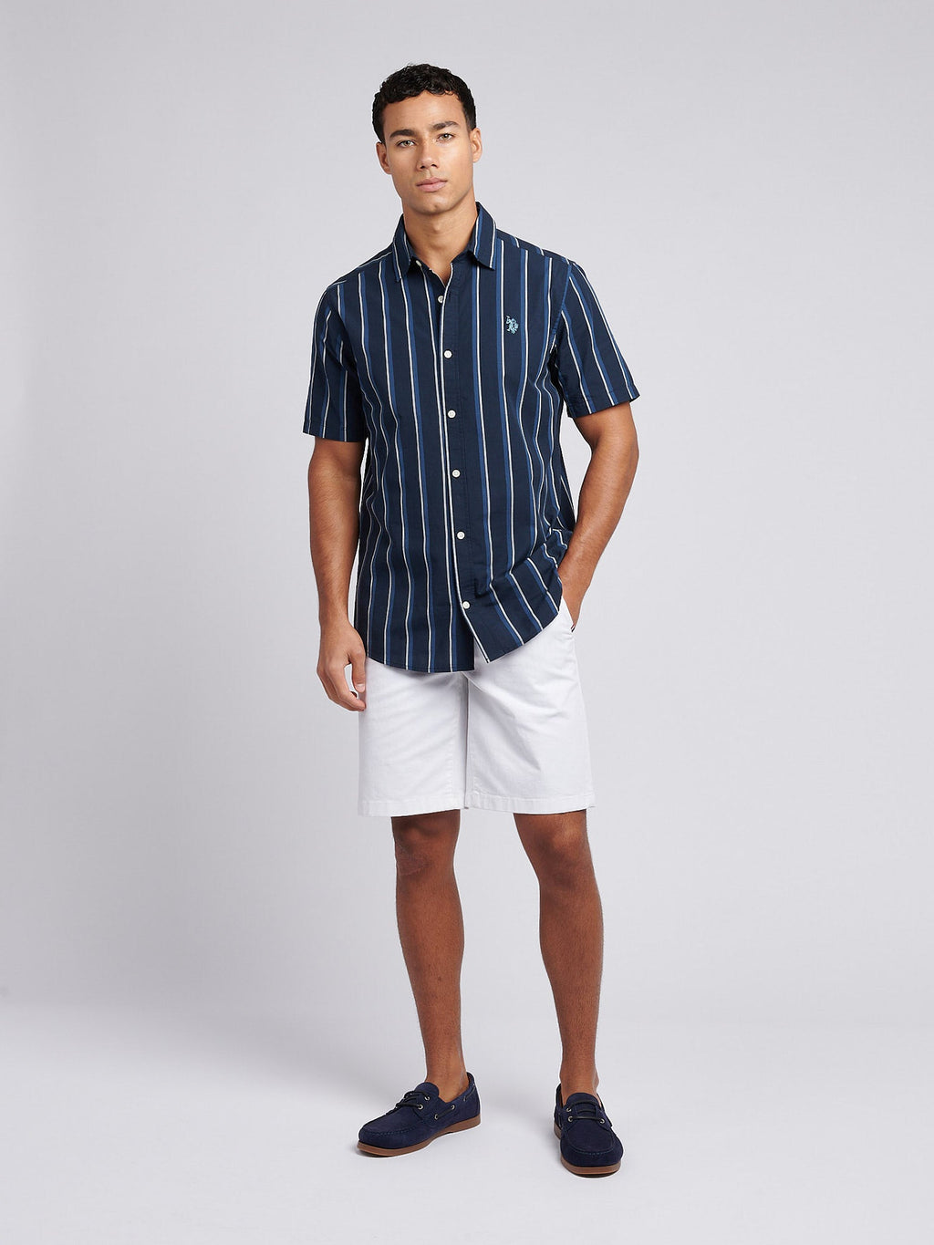 Mens Double Horsemen Striped Short Sleeve Shirt in Dark Sapphire Navy / Moonlight Blue DHM