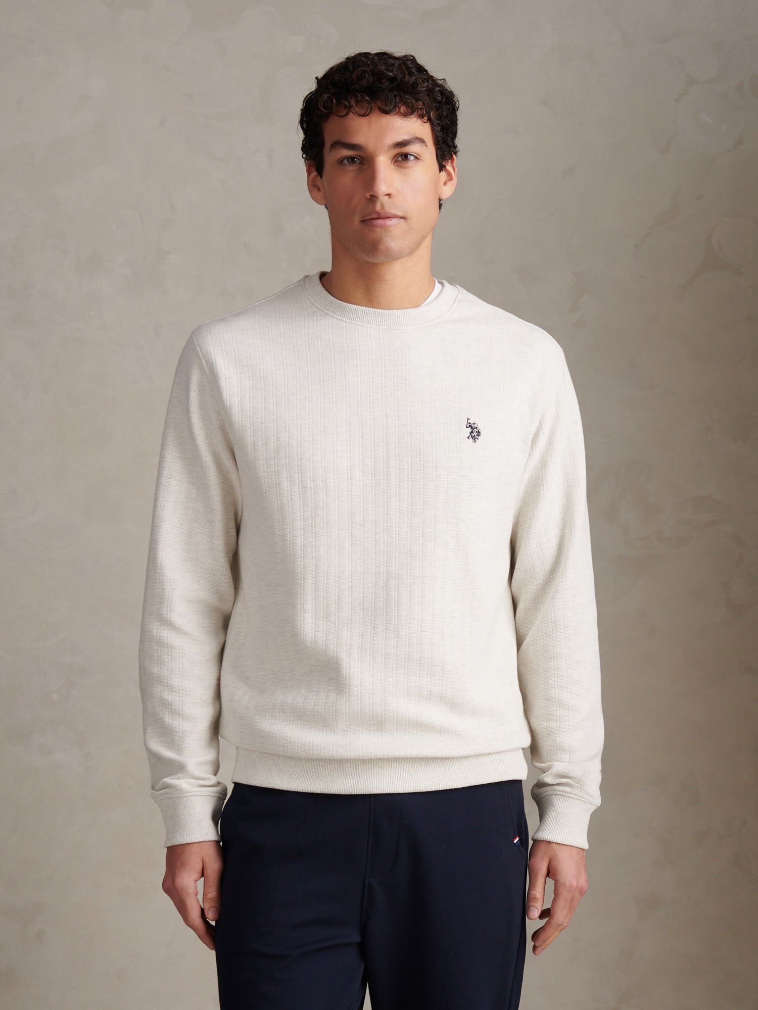 Mens Vertical Texture Double Horsemen Sweatshirt Light Grey Marl