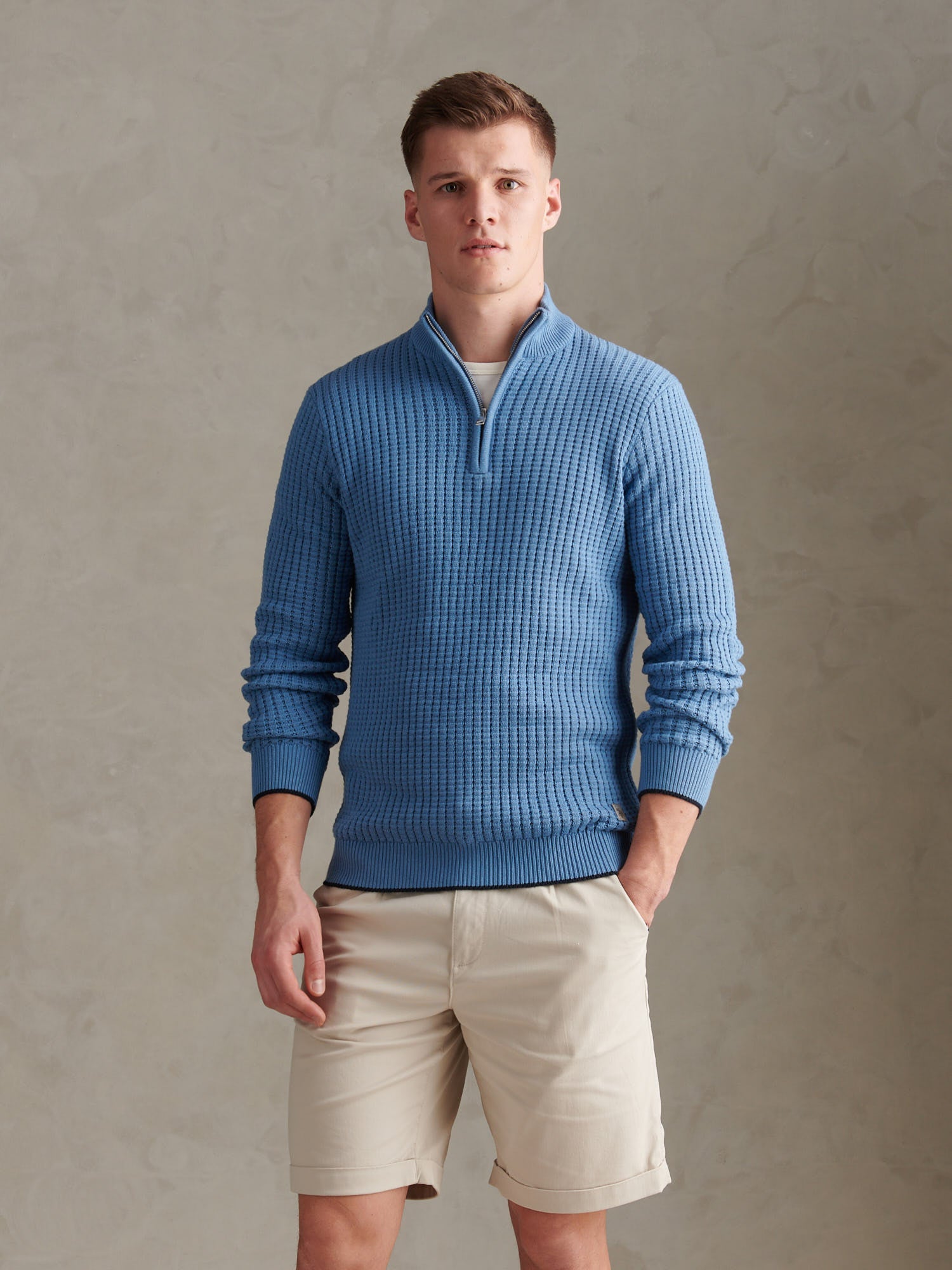 Mens Open Knit Quarter Zip Funnel Jumper Riviera