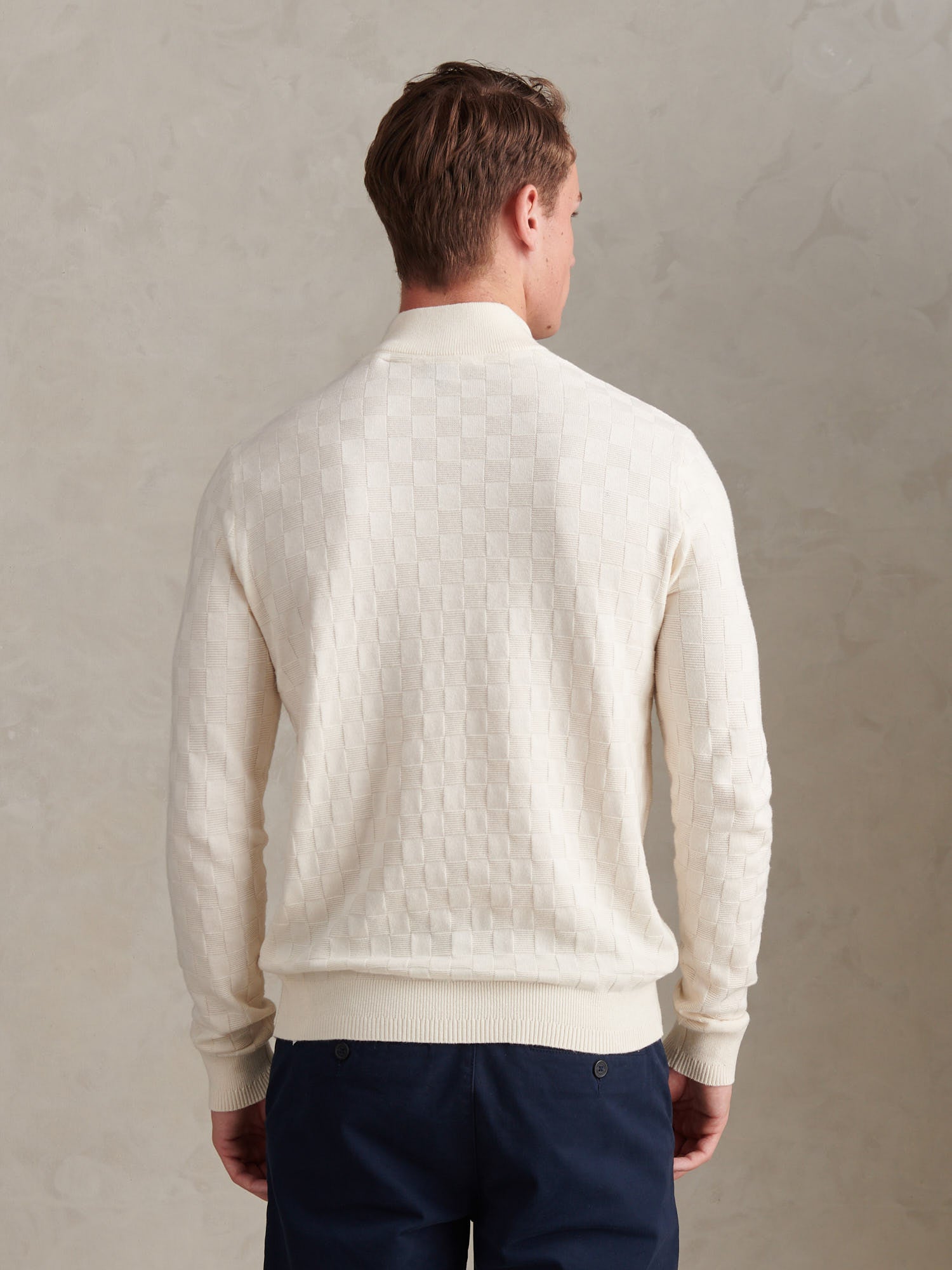 Mens Large Check Knit Quarter Zip Funnel Jumper Whisper White