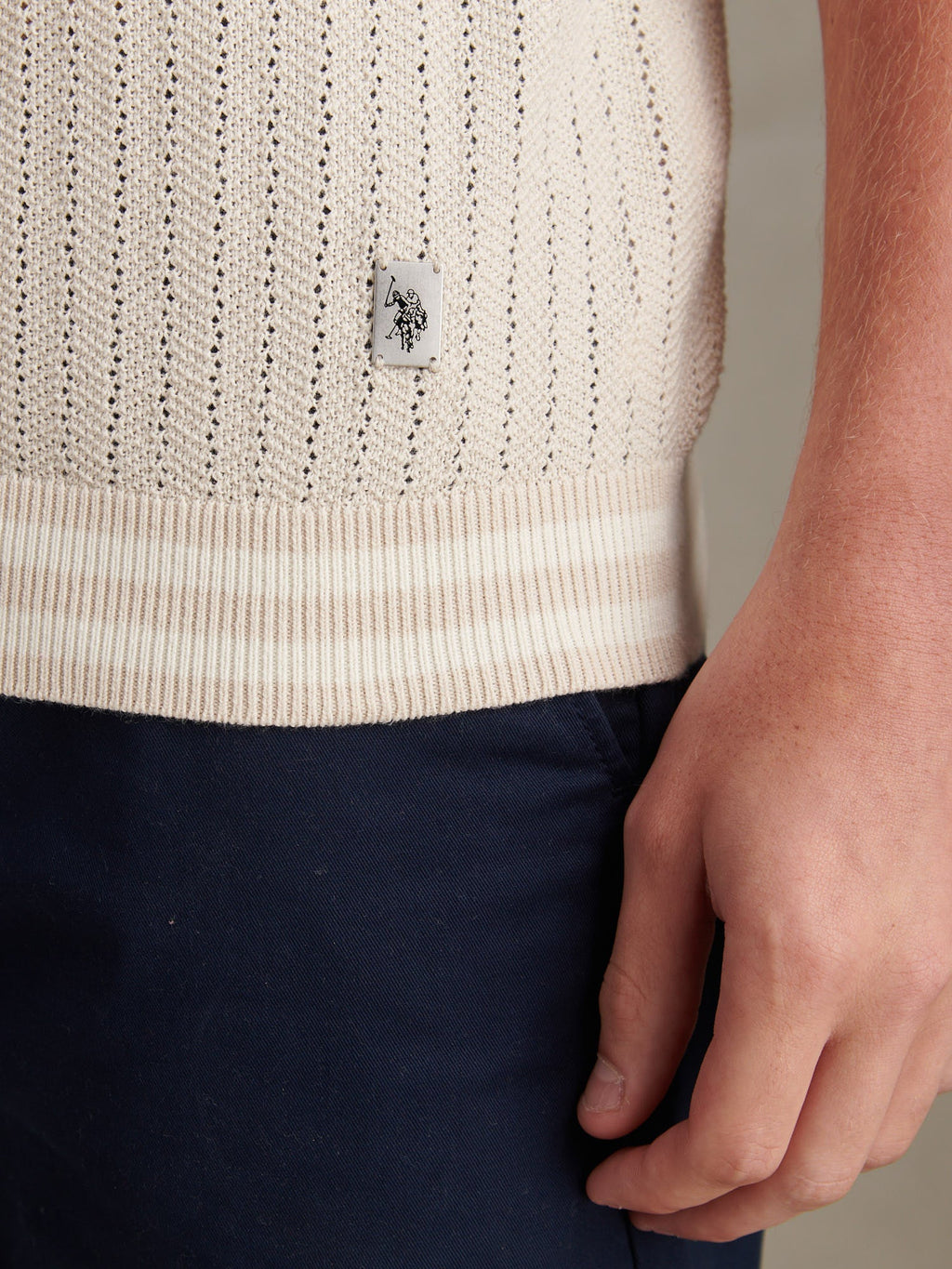 Mens Tipped Open Knit Polo Shirt Beige