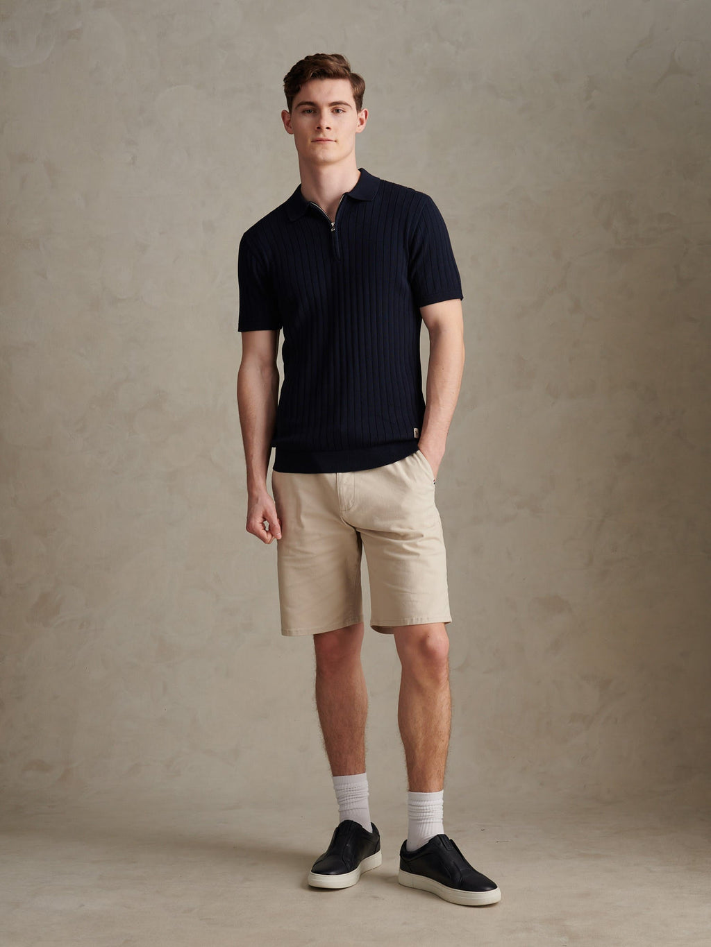 Mens Smart Textured Knit Quarter Zip Polo Shirt Dark Sapphire Navy
