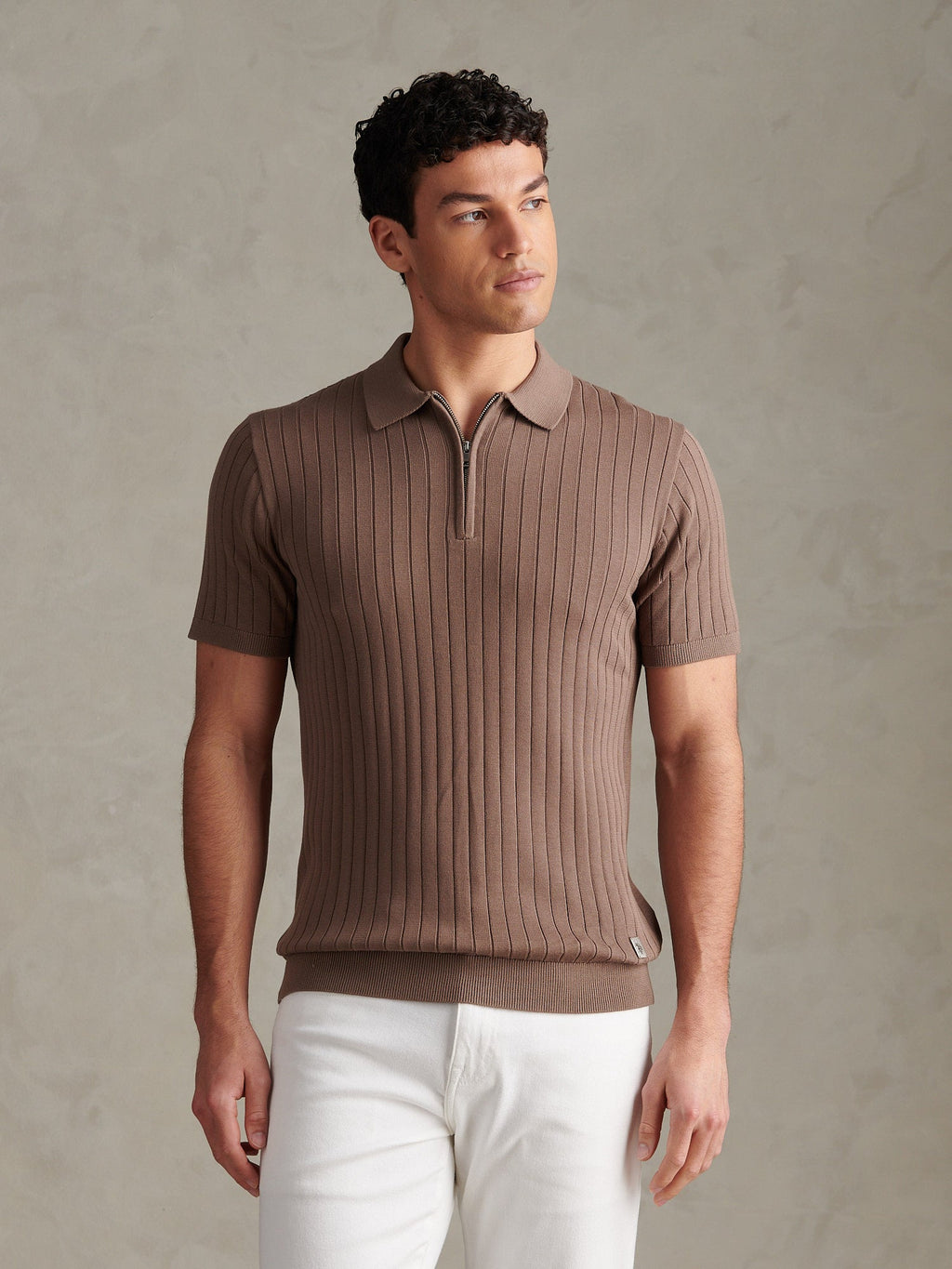 Mens Smart Textured Knit Quarter Zip Polo Shirt Walnut